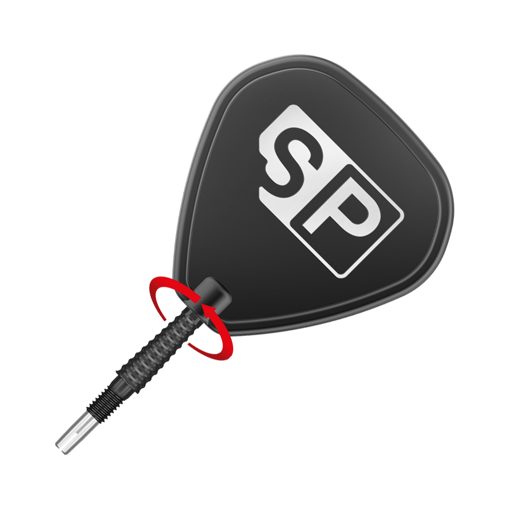 Puntas de dardos Target Swiss Storm LNC - Negras Das Bild zeigt eine schwarze Dartspitze mit dem weißen „SP“-Logo darauf. Die Spitze ist schräg platziert und durch einen roten Pfeil hervorgehoben.