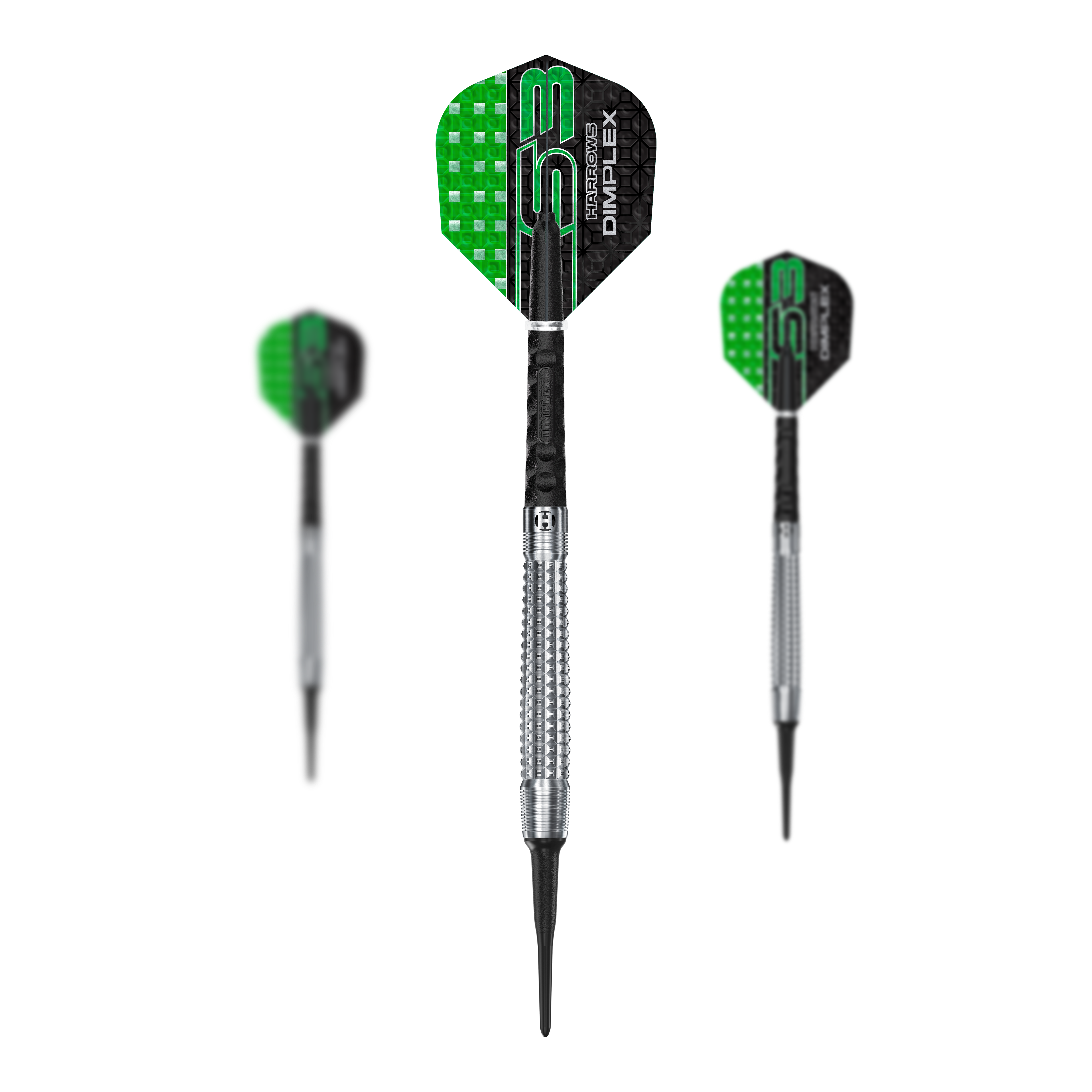 Dardos suaves cónicos Harrows Dimplex S3 Das Set Harrows Dimplex S3 Tapered Softdarts wird gezeigt. Die Darts haben ein spezielles Griffdesign.