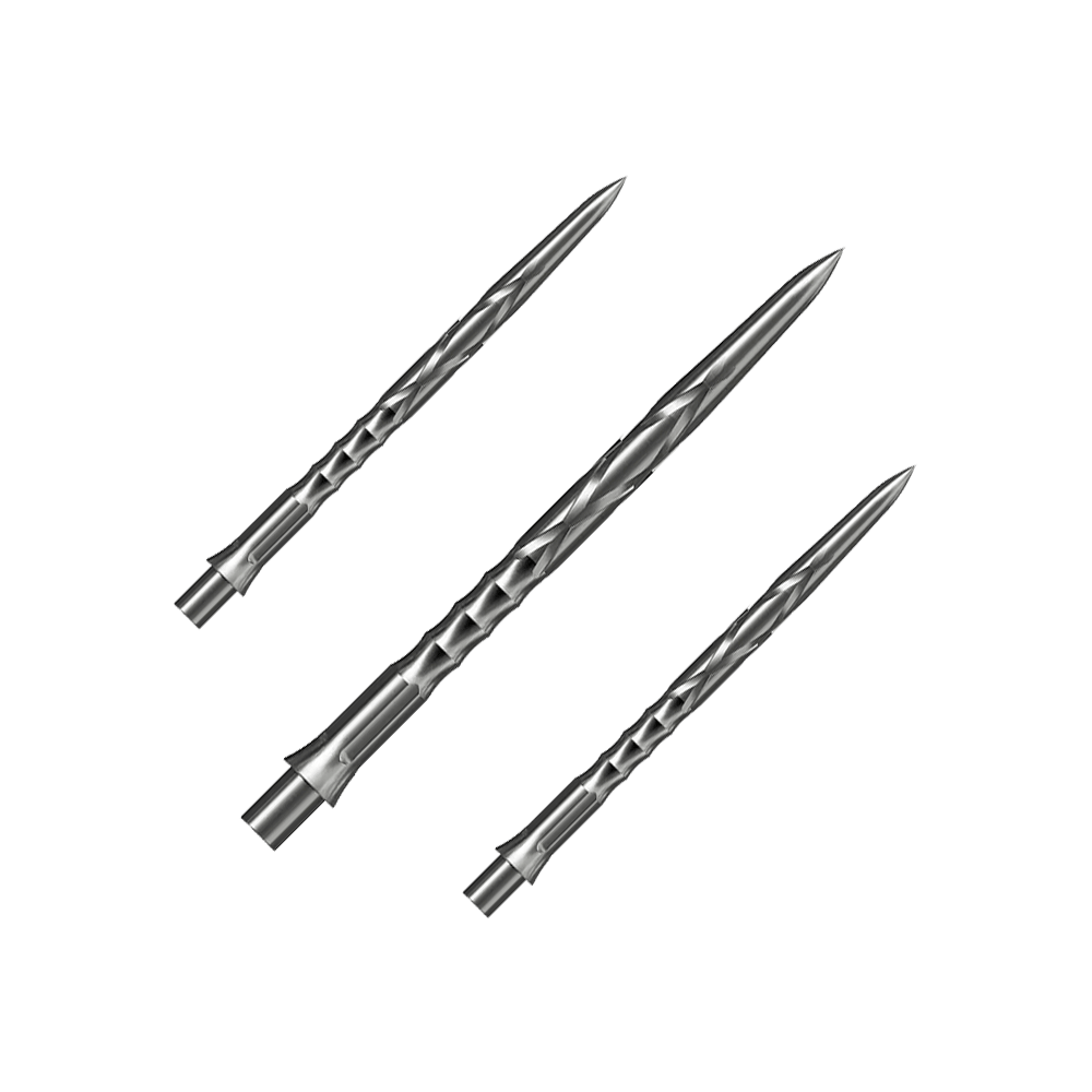 Das Bild zeigt Steeldartspitzen des Caliburn Evo Systems in Silber, 36mm. Die Spitzen sind für Steeldarts geeignet.