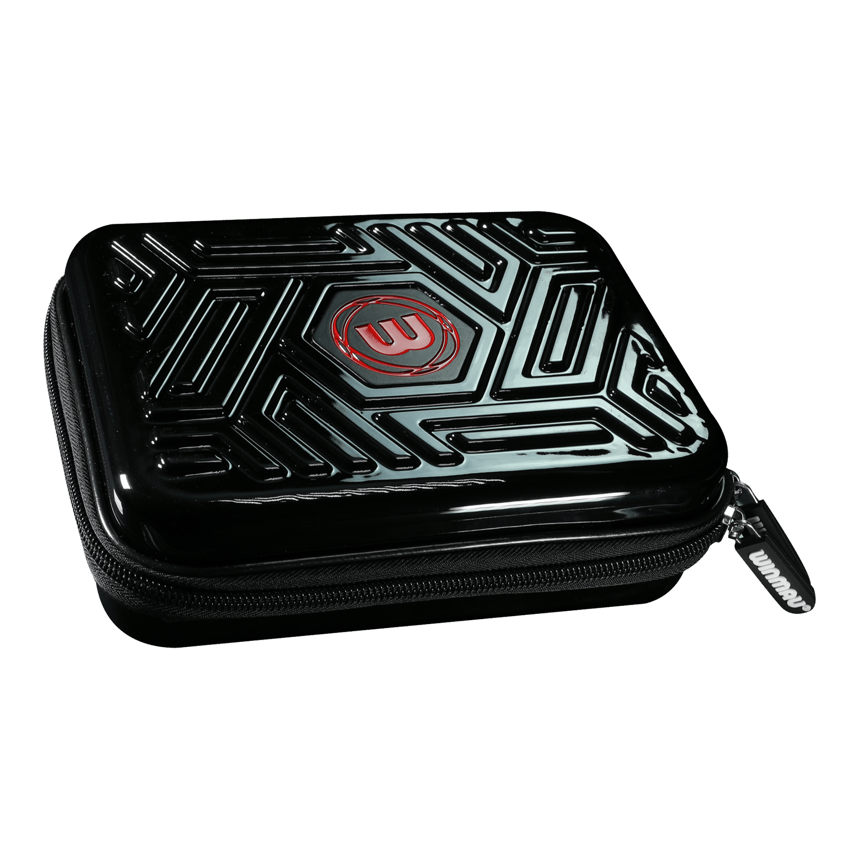Cartera para dardos Winmau Armor G2 Das Bild zeigt ein schwarzes Dart-Etui mit einem geometrischen Muster auf dem Deckel. In der Mitte befindet sich ein rotes Logo und der Reißverschluss trägt den Schriftzug "Winmau".