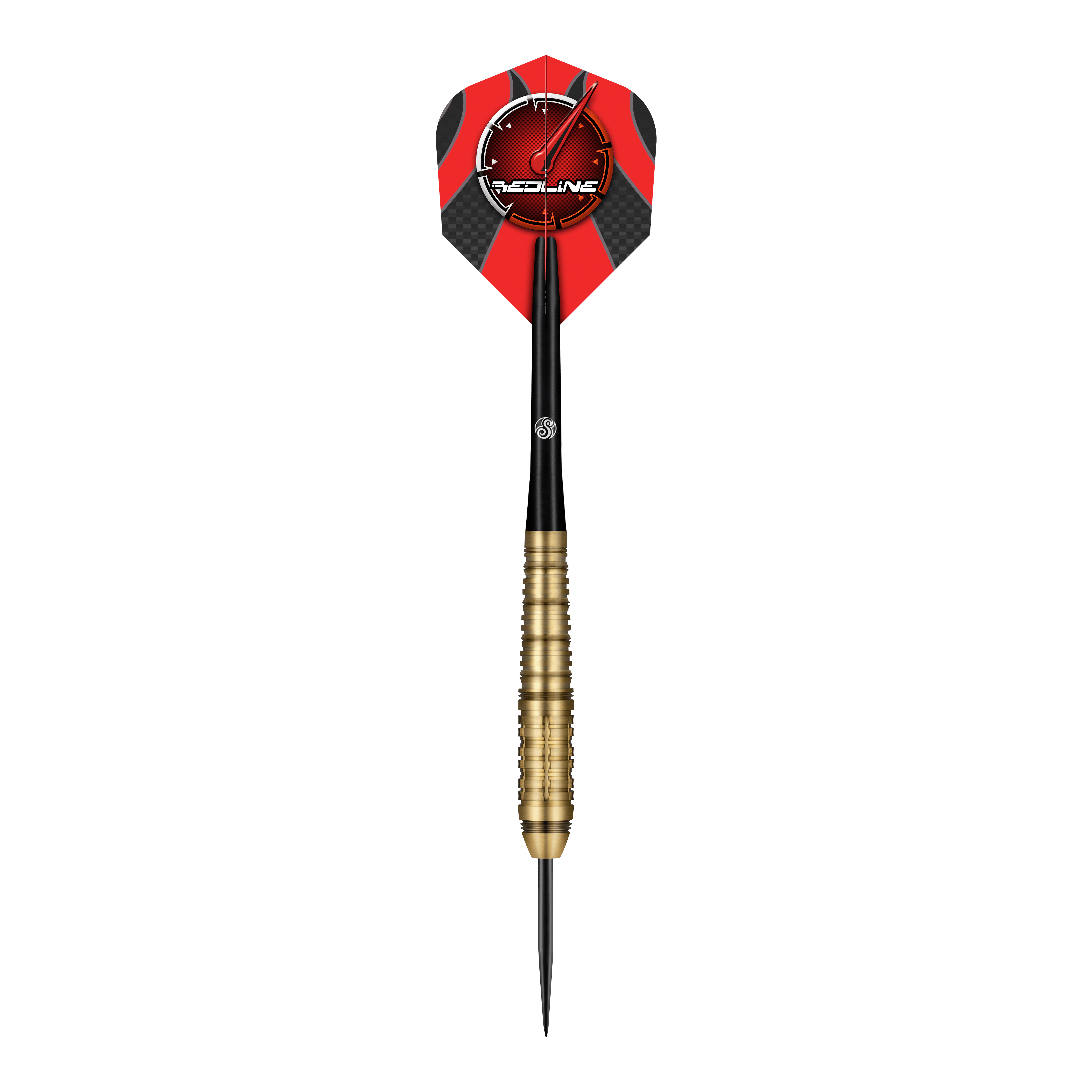 Dardos de acero Shot Redline Mach 1 Das Bild zeigt einen Steeldartpfeil mit goldfarbenem Griff und schwarzer Spitze. Die Dartflügel sind rot-schwarz gestaltet und tragen das "Redline"-Logo.