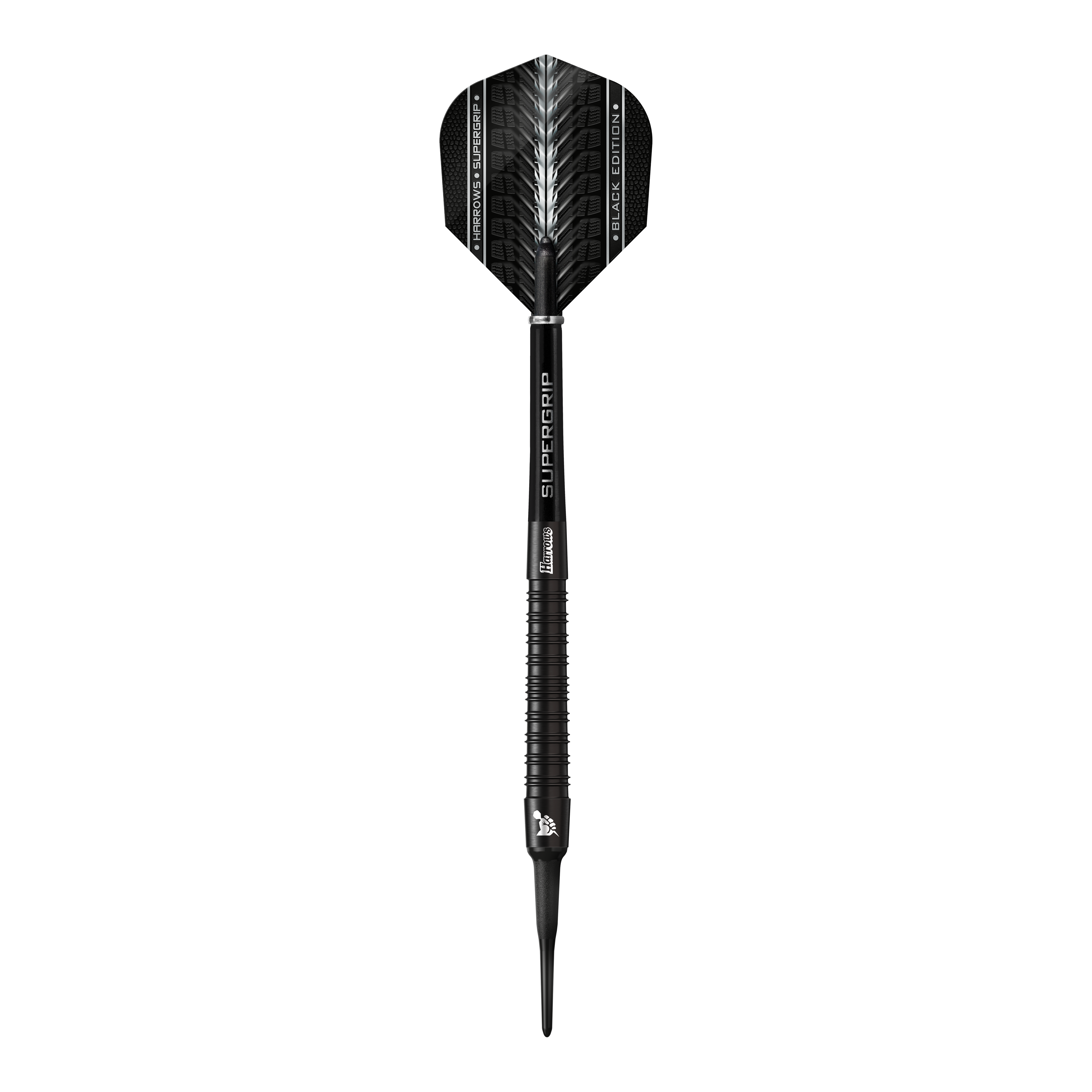 Dardos blandos Harrows Supergrip Black Edition Das Bild zeigt einen Harrows Supergrip Black-Edition Softdart. Der Dart ist komplett in Schwarz gehalten und hat ein modernes, elegantes Design.