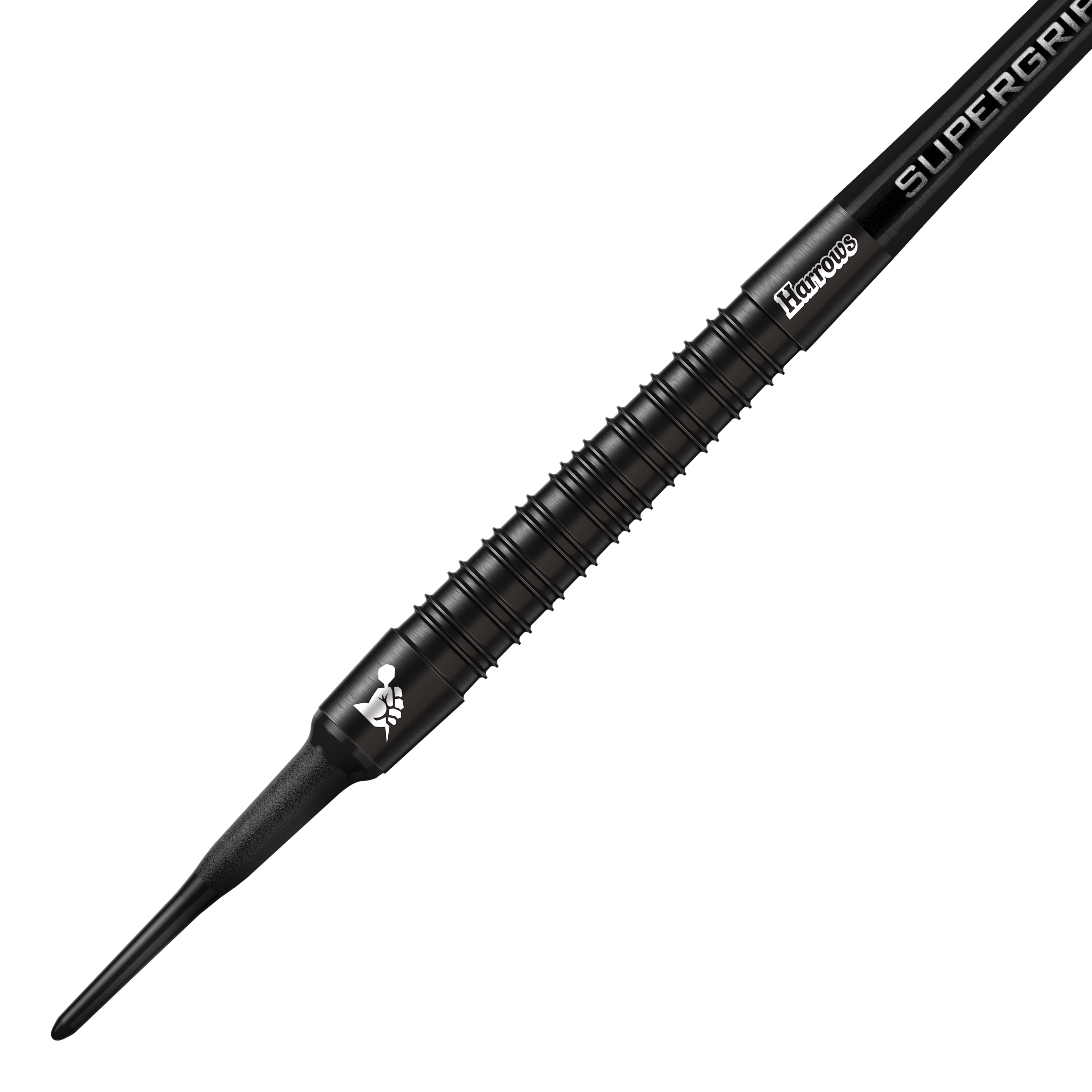 Dardos blandos Harrows Supergrip Black Edition Das Bild zeigt einen Harrows Supergrip Black-Edition Softdart. Der Dart ist komplett schwarz und hat eine strukturierte Griffoberfläche.