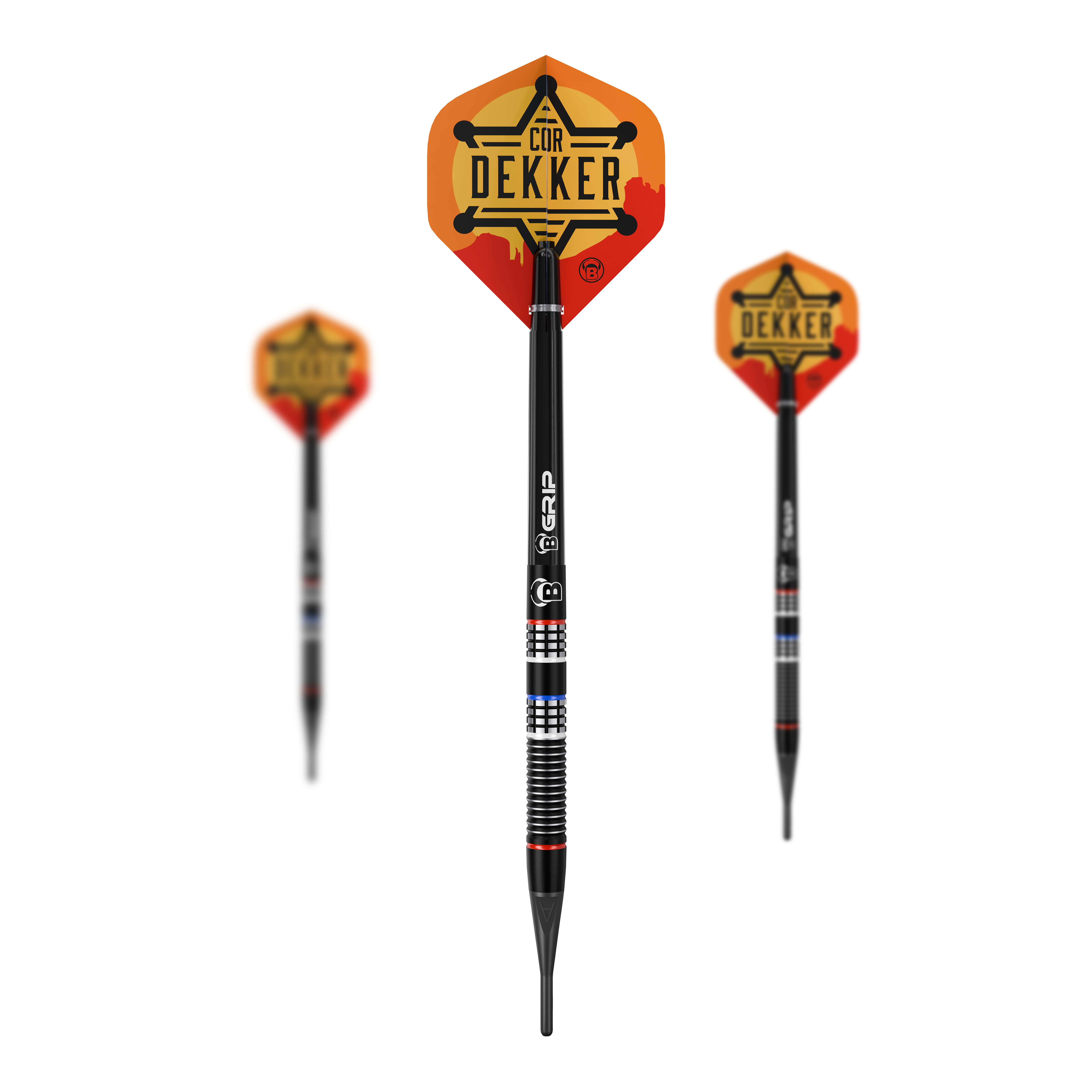 Dardos suaves Bulls Cor Dekker The Sheriff - 20 g Auf diesem Bild sieht man die Bulls Cor Dekker The Sheriff Softdarts - 20g als komplettes Set. Die Darts liegen nebeneinander angeordnet.