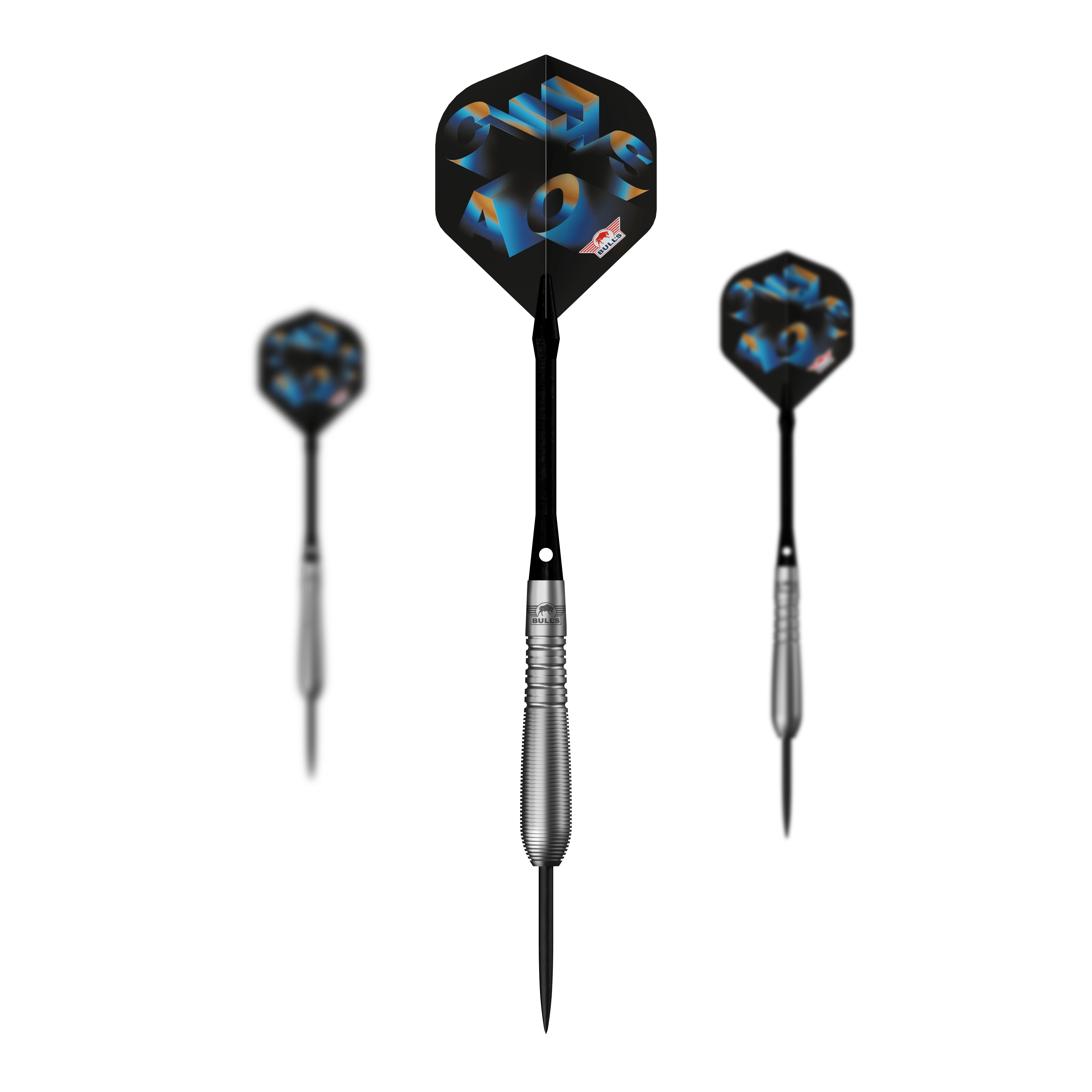 Das Bild zeigt ein Set der Bulls NL Chaos Blue Steeldarts - 23g. Das Set besteht aus mehreren blauen Steeldarts.