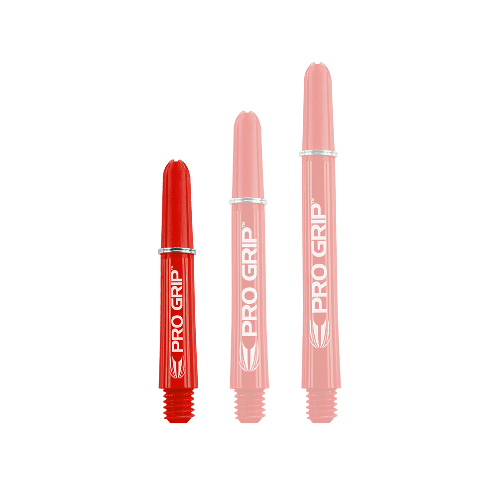 Varillas Target Pro Grip - 3 juegos - Rojas Das Bild zeigt drei rote Dart-Schäfte mit der Aufschrift „PRO GRIP“. Sie stehen nebeneinander und haben unterschiedliche Längen.