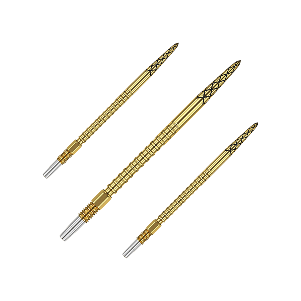 Puntas de dardos Target Swiss DS Surge Point - Doradas Das Bild zeigt drei goldene Dartspitzen mit feinen Rillen und schwarzen Mustern. Sie sind schlank und haben silberne Spitzen am Ende.