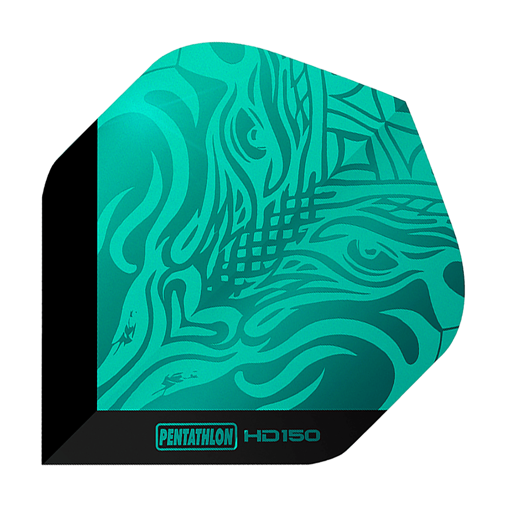 Plumas estándar Pentathlon HD150 Metallic Aqua Dies ist ein Pentathlon HD150 Metallic Aqua Standard Flight. Das Flight hat ein auffälliges, türkisfarbenes Muster mit schwarzem Rand und Schriftzug.