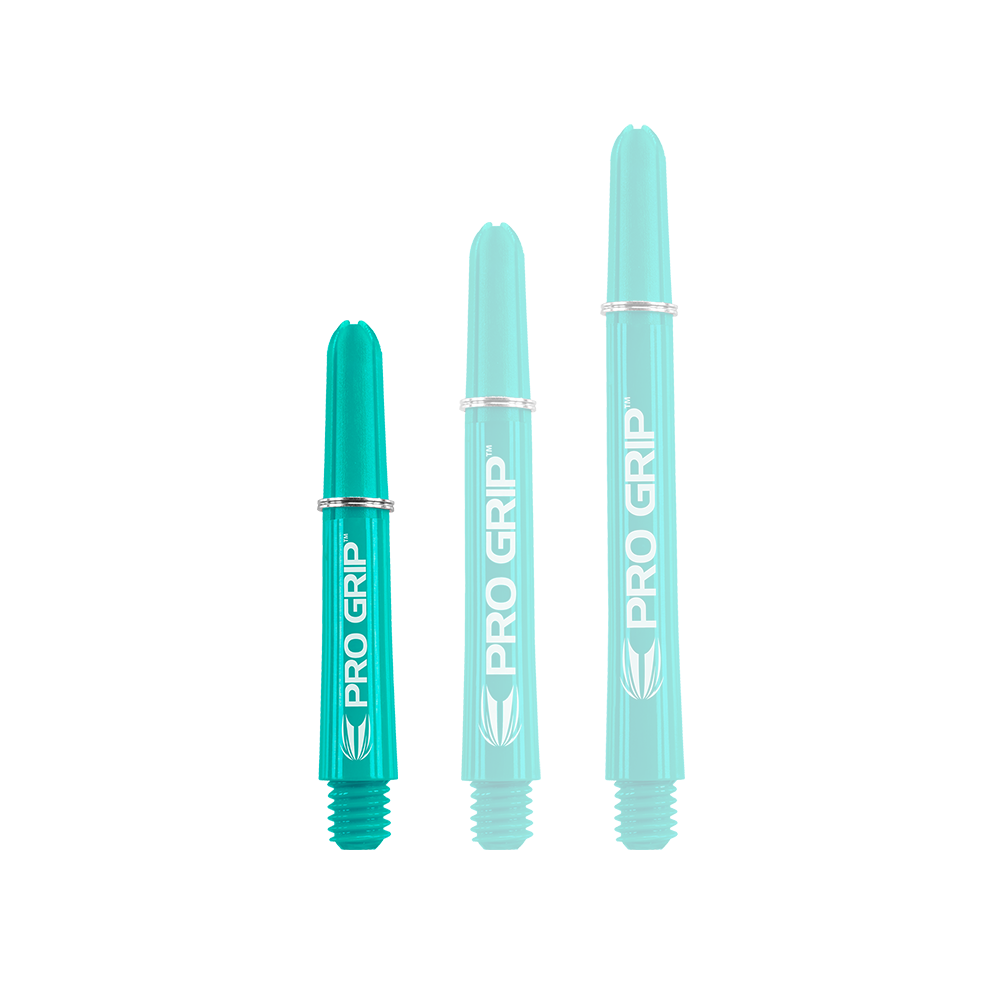 Varillas Target Pro Grip - 3 juegos - Aqua Auf dem Bild sind drei türkisfarbene "PRO GRIP" Schäfte in verschiedenen Längen zu sehen. Sie stehen nebeneinander und haben alle den gleichen Aufdruck und das gleiche Design.