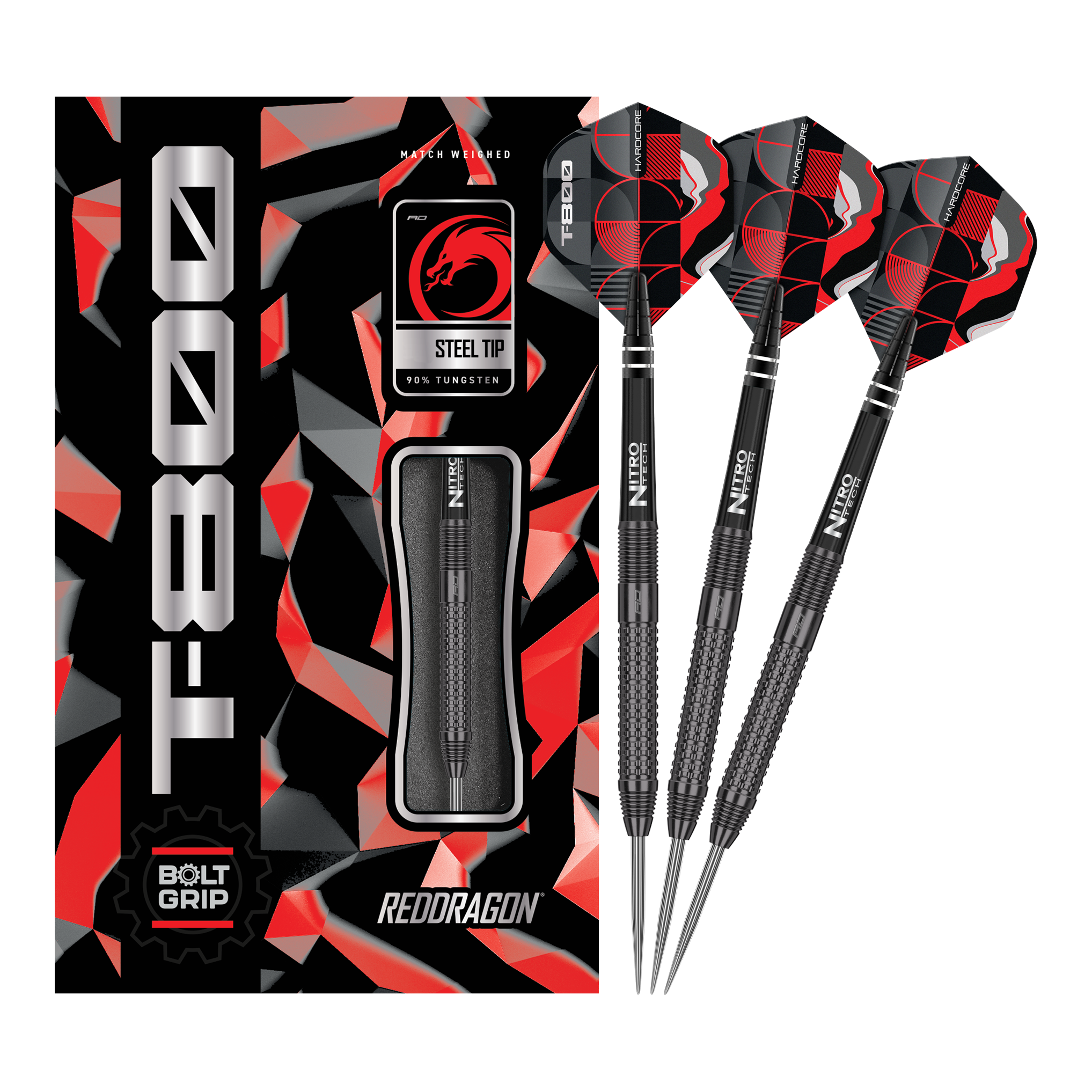 Dardos de acero Red Dragon T-800 Das Bild zeigt die Red Dragon T-800 Steeldarts und ihre Verpackung. Die Darts haben ein schwarzes Design mit roten und silbernen Akzenten.