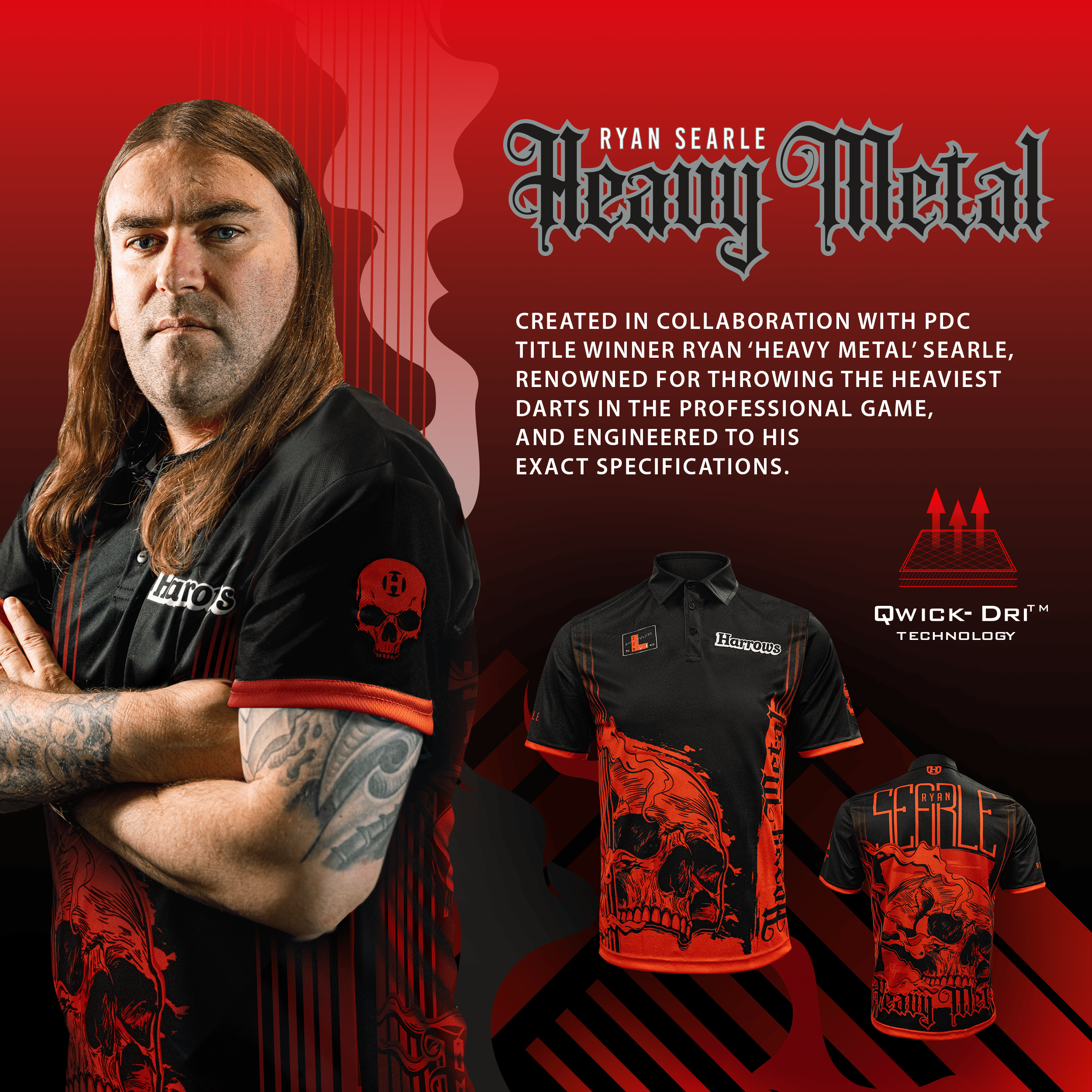 Camiseta de Ryan Searle, jugador de heavy metal de Harrow Das Bild zeigt das Harrows Ryan Searle Heavy Metal Playershirt. Dieses Dartshirt ist bei Spielern sehr beliebt.