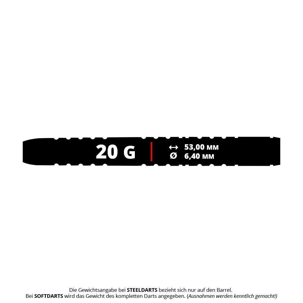 Dardos blandos Winmau Michael Van Gerwen Evo-X - 20g Das Bild zeigt die Maße und das Gewicht des Winmau Michael Van Gerwen Evo-X Softdarts mit 20 Gramm. Der Dart ist 53,00 mm lang und hat einen Durchmesser von 6,40 mm.