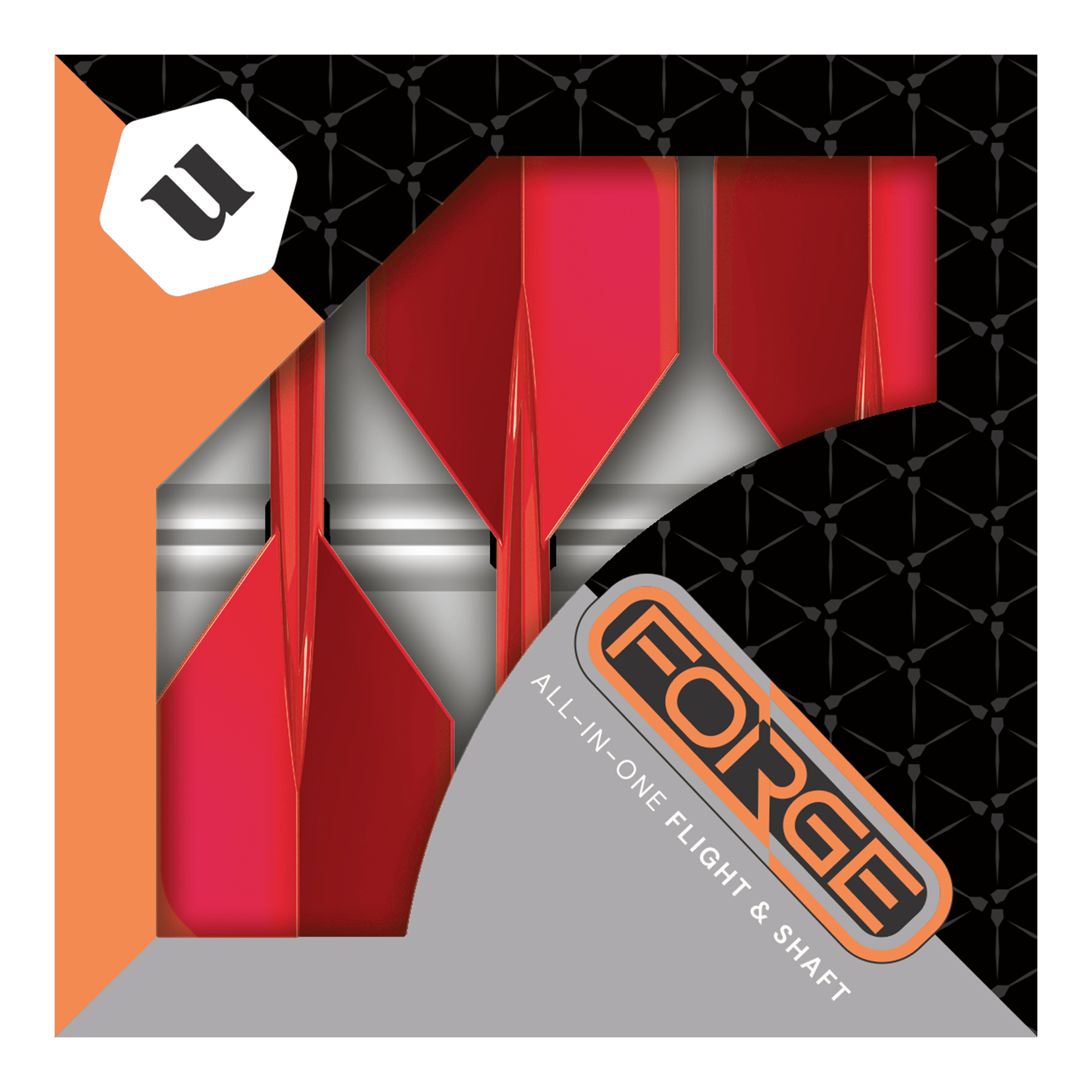 Plumas estándar Unicorn Forge All In One Plus No2, color rojo, medianas Das Bild zeigt eine Packung mit roten Unicorn Forge All In One Plus No2 Standard Flights in mittlerer Größe. Die Verpackung ist schwarz und orange mit dem Schriftzug "FORGE" und "ALL-IN-ONE FLIGHT & SHAFT".
