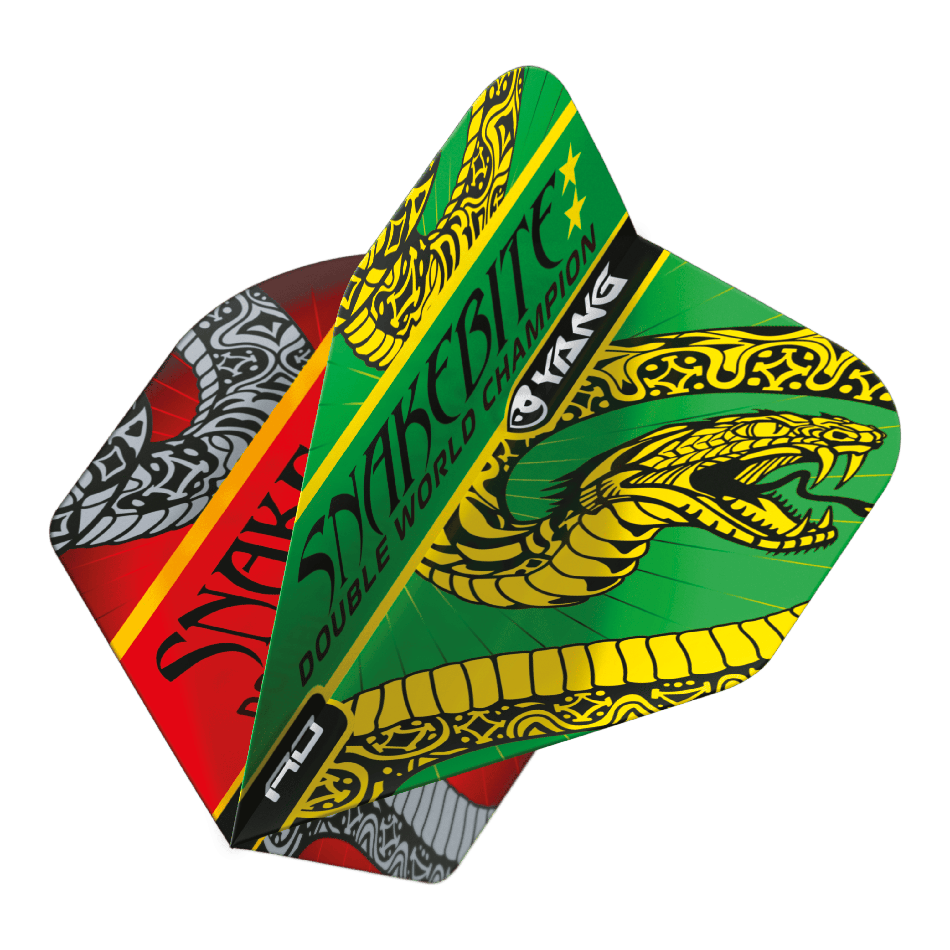 Vuelos estándar Red Dragon Peter Wright Snakebite Red Green Yin Yang Das Bild zeigt die Dart-Flights "Red Dragon Peter Wright Snakebite Red Green Yin Yang Standard Flights." Die Flights sind farbenfroh gestaltet und zeigen einen auffälligen Schlangen-Grafik sowie den Schriftzug "Snakebite."