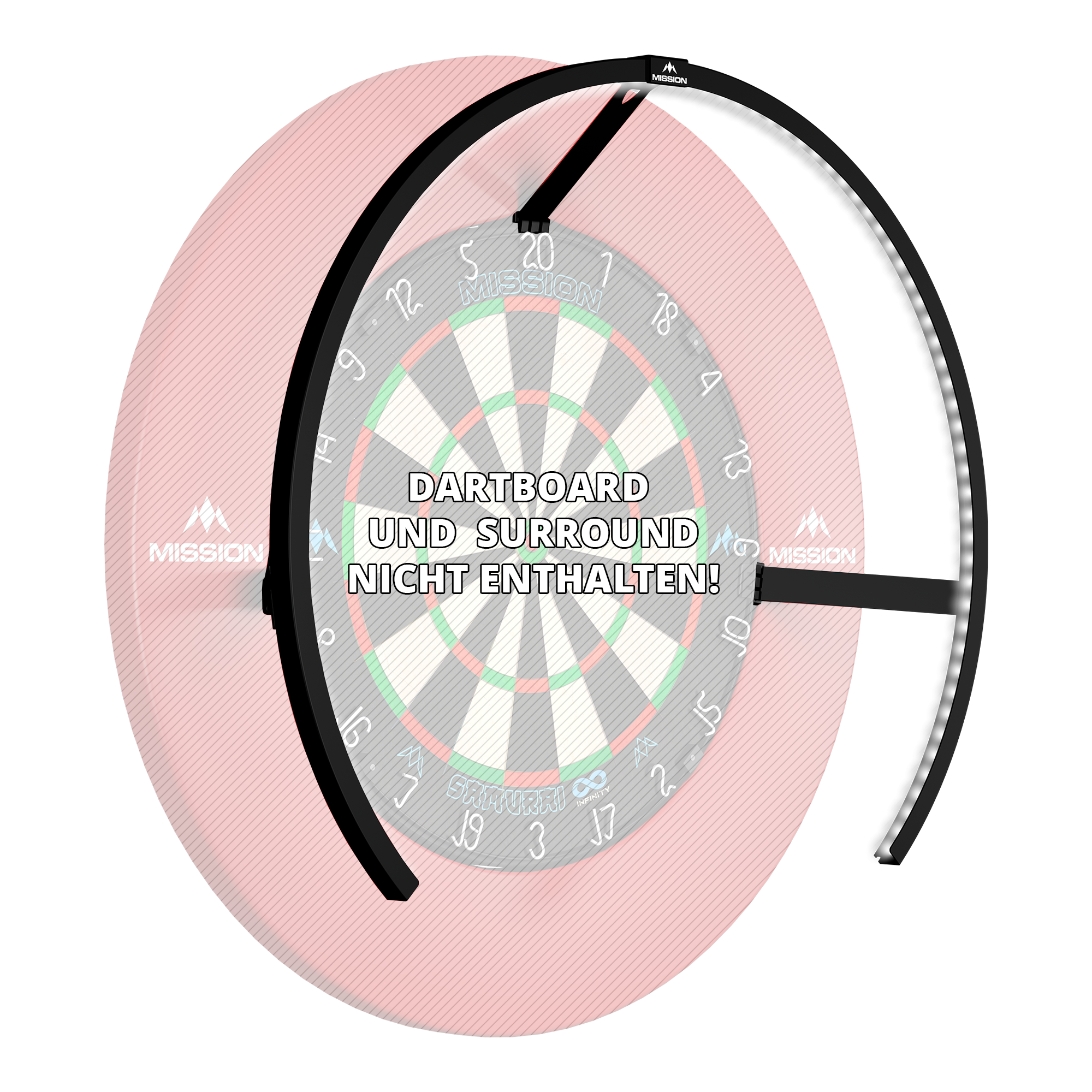 Gezeigt wird die Mission Torus 270 LED Dartboard Beleuchtung in Schwarz. Das Produkt liefert helles Licht für das Dartboard.
