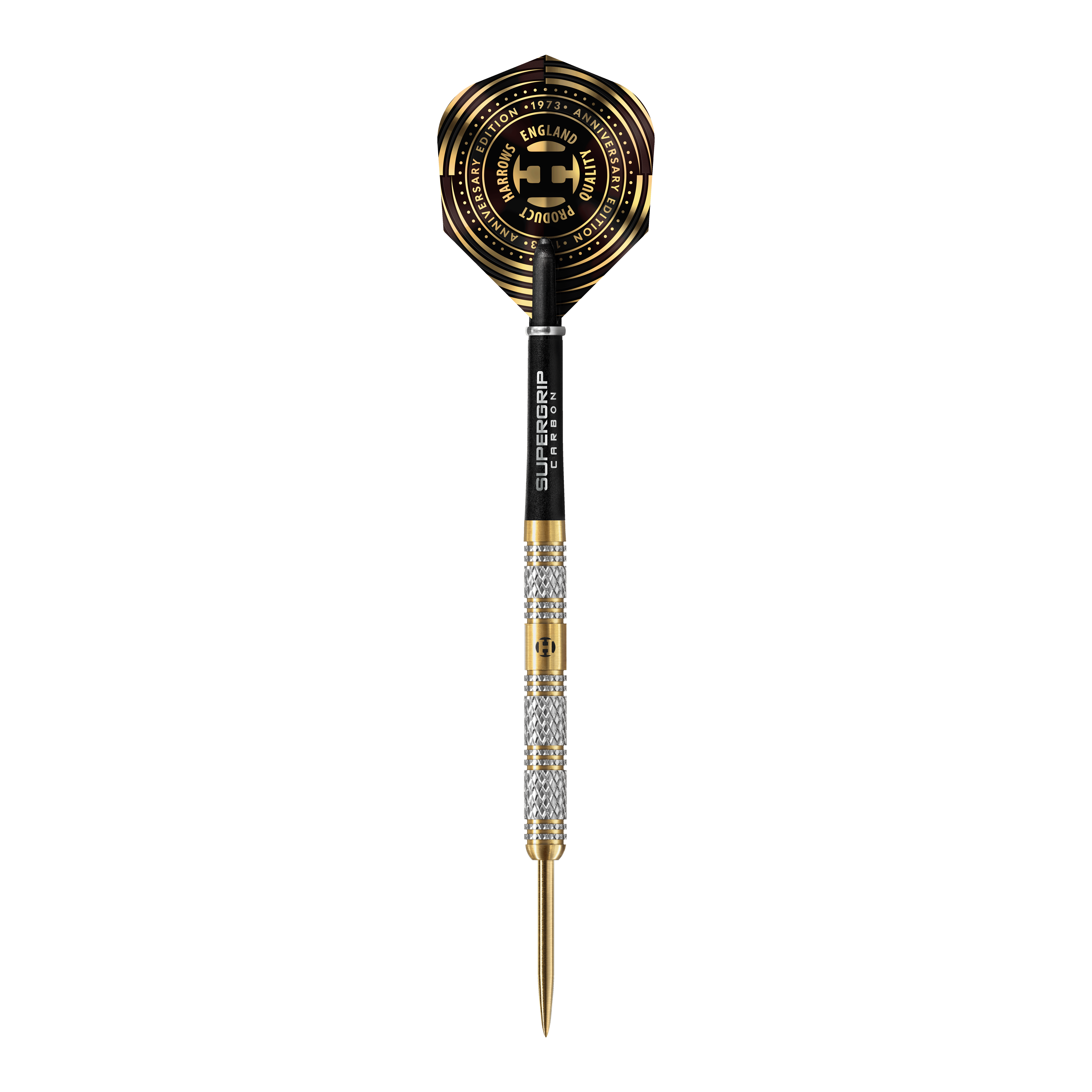 Dardos de acero Magnum edición aniversario de Harrows Das Bild zeigt einen hochwertigen Steeldartpfeil mit goldenen und silbernen Akzenten. Auf dem Flights sind kreisförmige, goldfarbene Muster und der Schriftzug "Anniversary Edition" zu sehen.