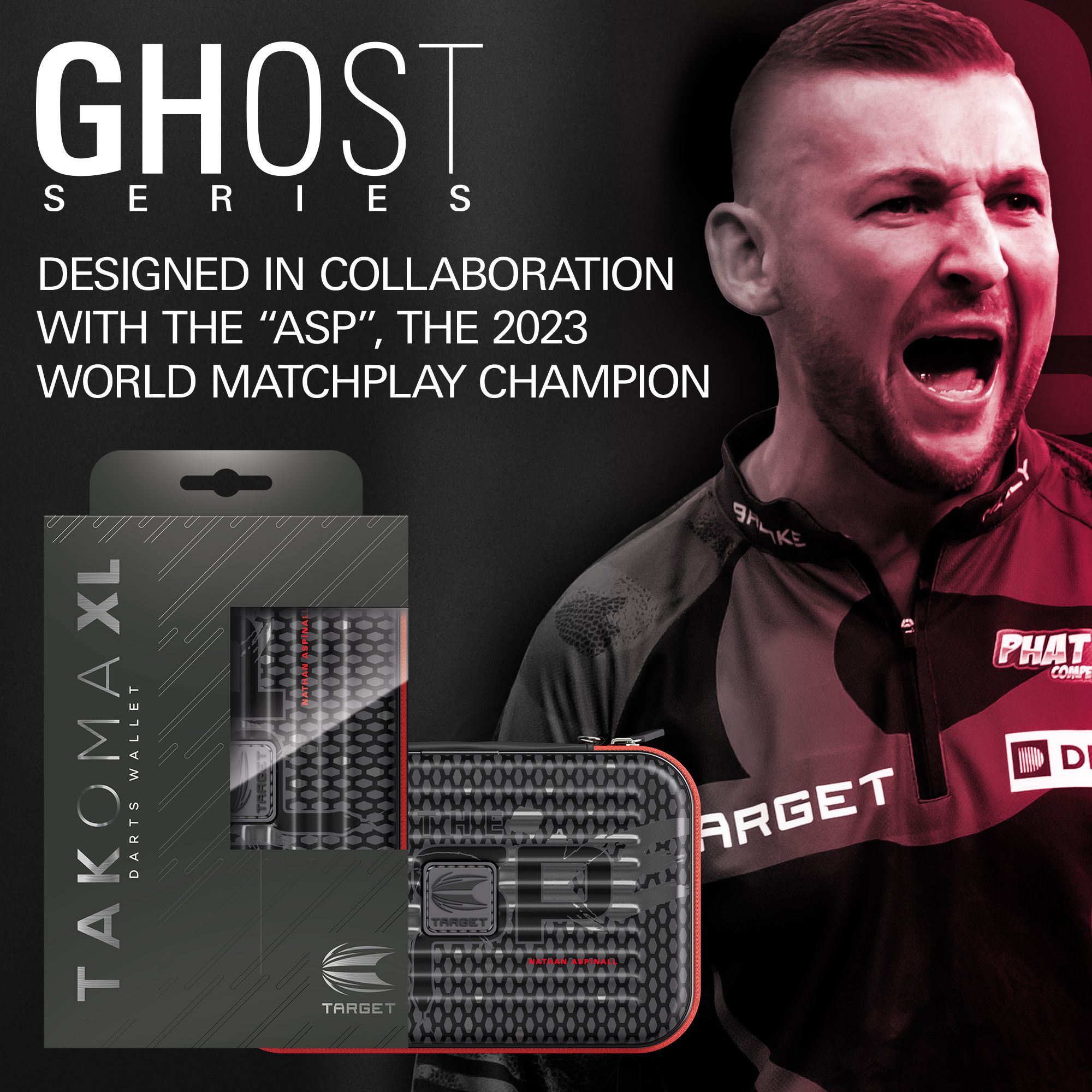 Estuche de dardos Nathan Aspinall Takoma XL Ghost Series Takoma XL Ghost Series Nathan Aspinall Dartcase, fotografiert auf weißem Hintergrund. Das Produkt ist Teil der Ghost Series und richtet sich an Dartspieler.