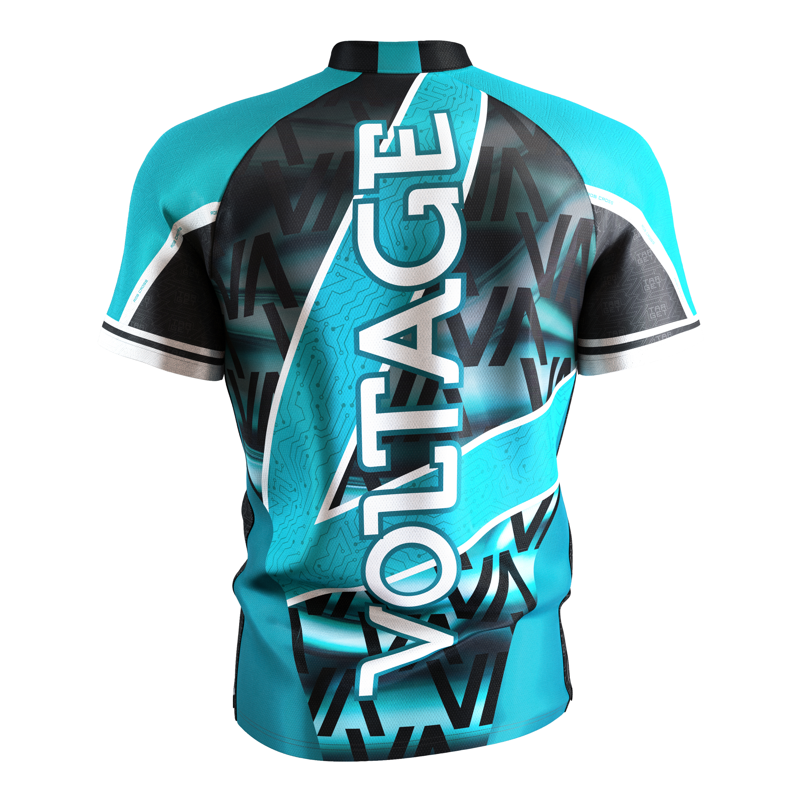 Camiseta de dardos Target Coolplay Rob Cross 2025 Das Bild zeigt das "Target Coolplay Rob Cross 2025 Dartshirt" in Türkis und Schwarz. Auf der Rückseite steht groß das Wort "VOLTAGE".