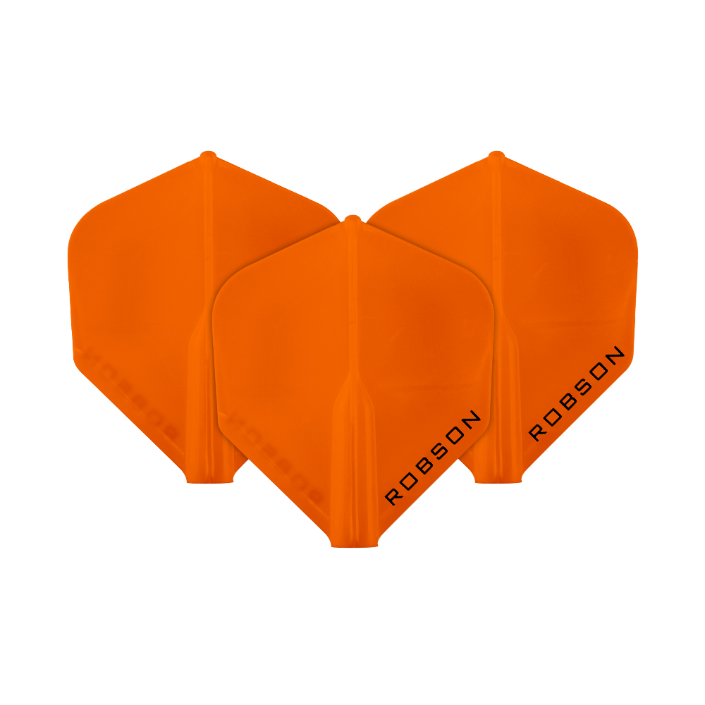 Plumas Robson Plus - Estándar Das Bild zeigt drei orangefarbene Dartflights. Auf jedem Flight steht das Wort "ROBSON" geschrieben.