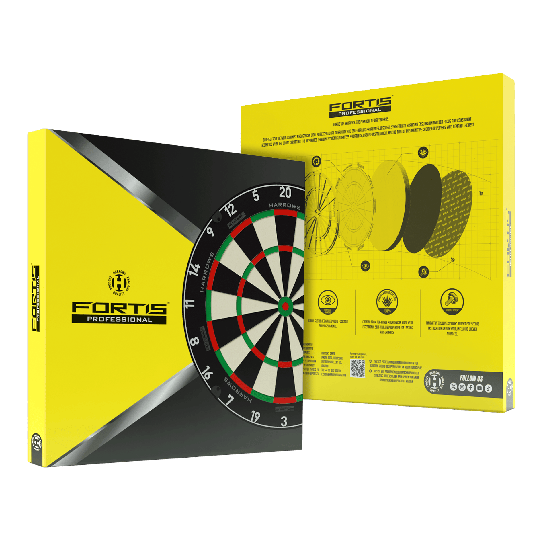 Das Bild zeigt das Produkt Harrows Fortis Steeldartboard. Es handelt sich um ein hochwertiges Dartboard für Steeldarts.
