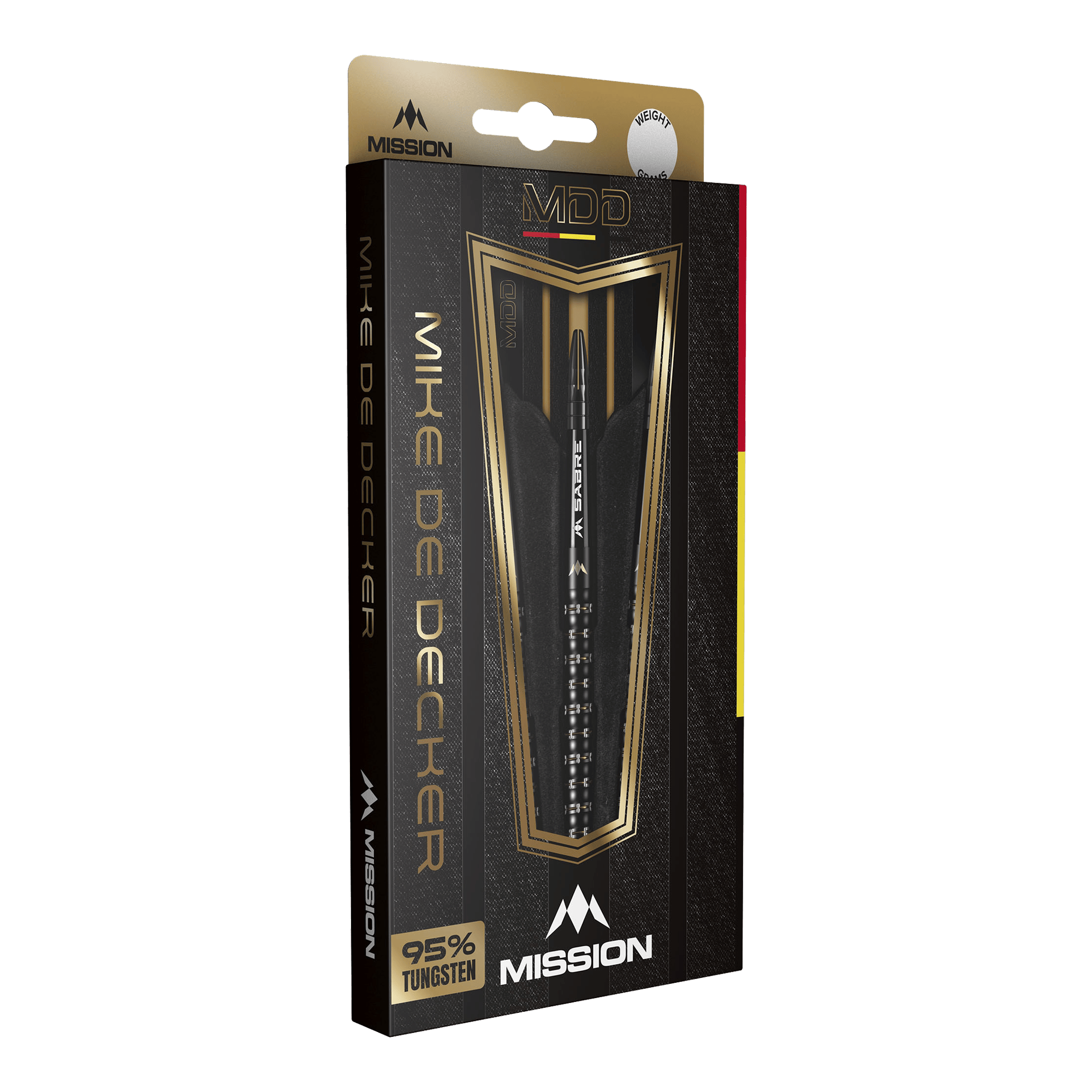 Misión Mike De Decker MDD Black Gold Steeldarts Die Verpackung zeigt die Mission Mike De Decker MDD Black Gold Steeldarts. Auf der Vorderseite steht, dass die Darts zu 95% aus Tungsten bestehen.