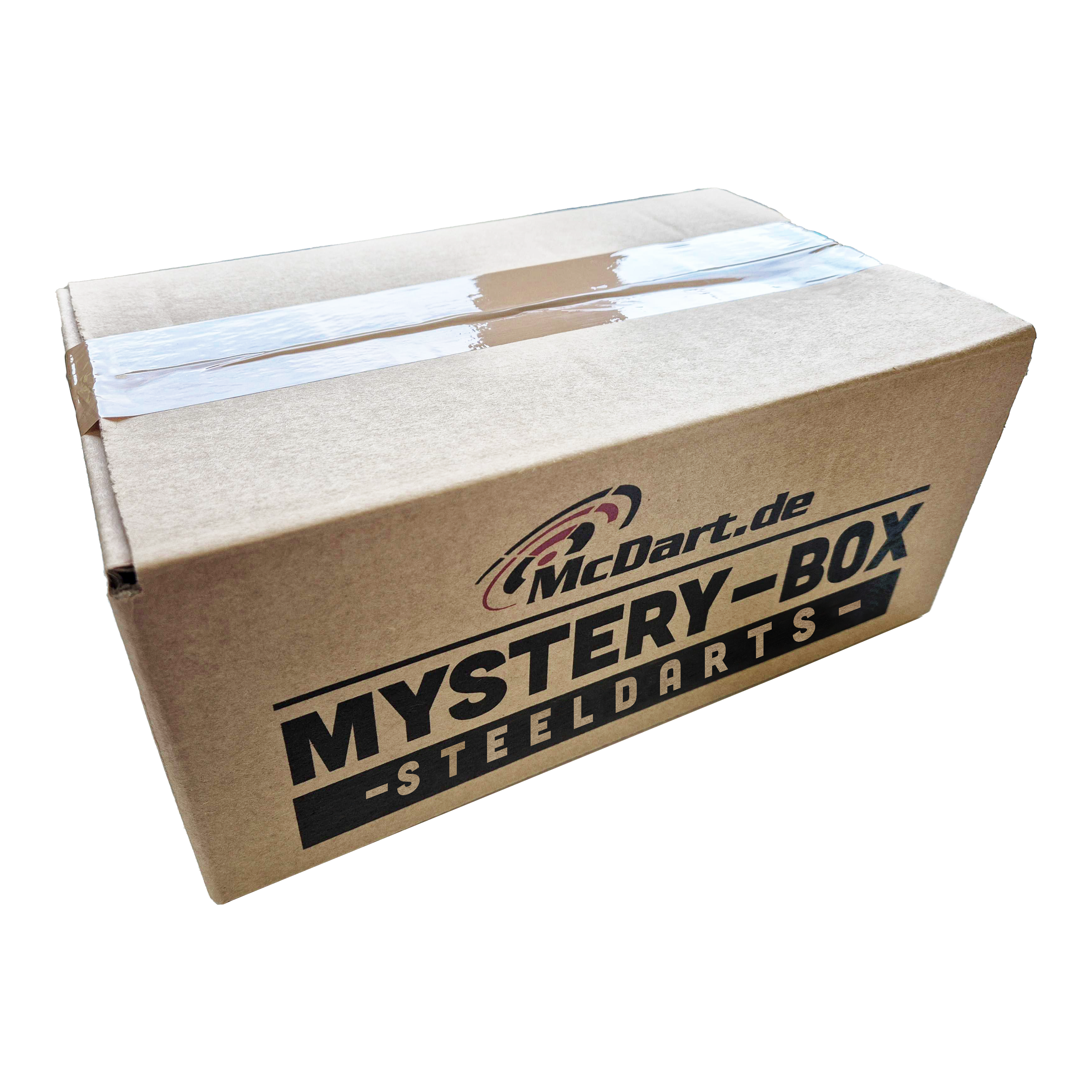 Caja de abanico de dardos blandos misteriosos de Phil Taylor Auf dem Bild ist ein Karton mit der Aufschrift "McDart.de Mystery-Box Steeldarts" zu sehen. Die Box ist mit durchsichtigem Klebeband verschlossen.