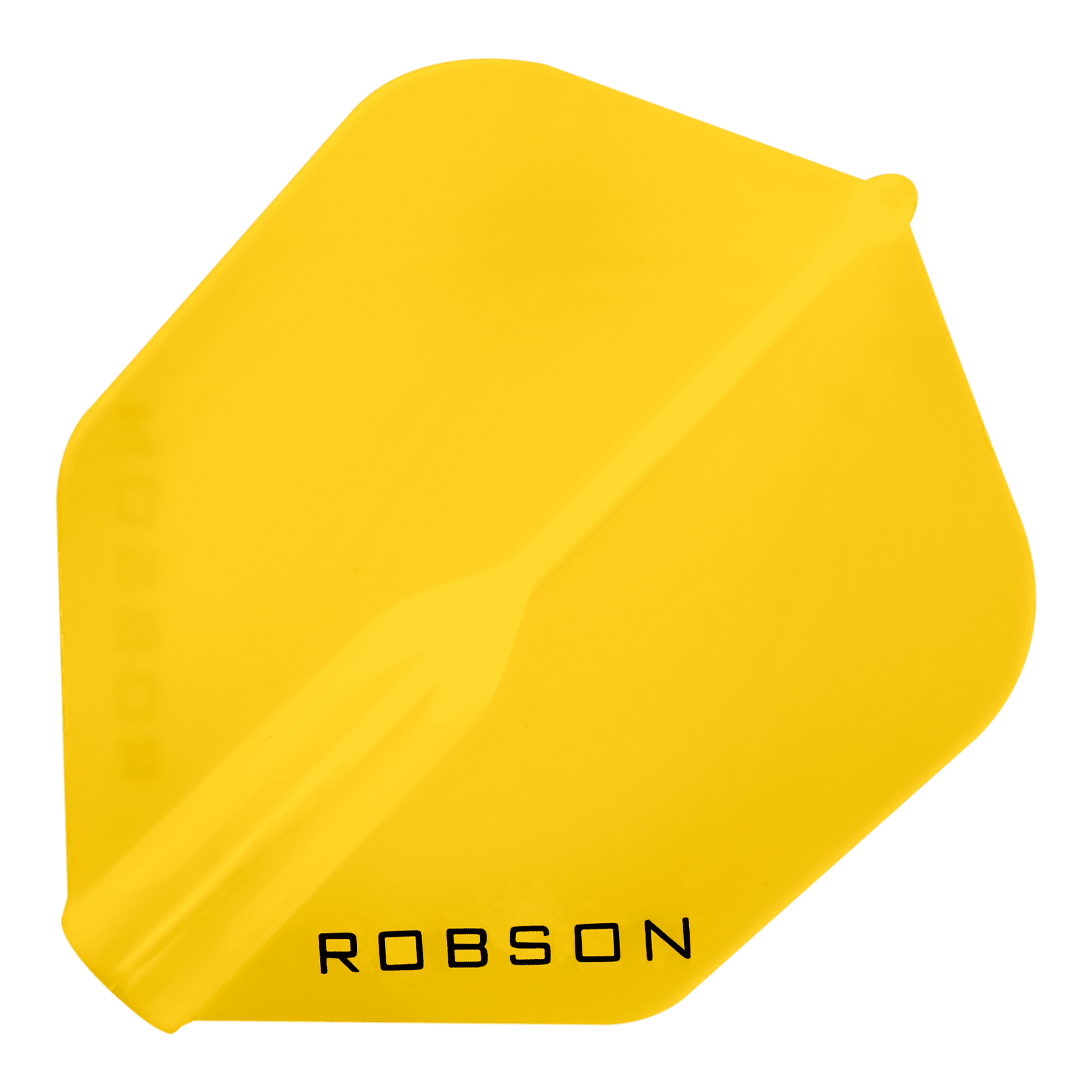 Robson Plus No6 Flights Das Bild zeigt ein gelbes Dartflight mit der Aufschrift "ROBSON". Das Flight hat eine klassische, leicht abgerundete Form.