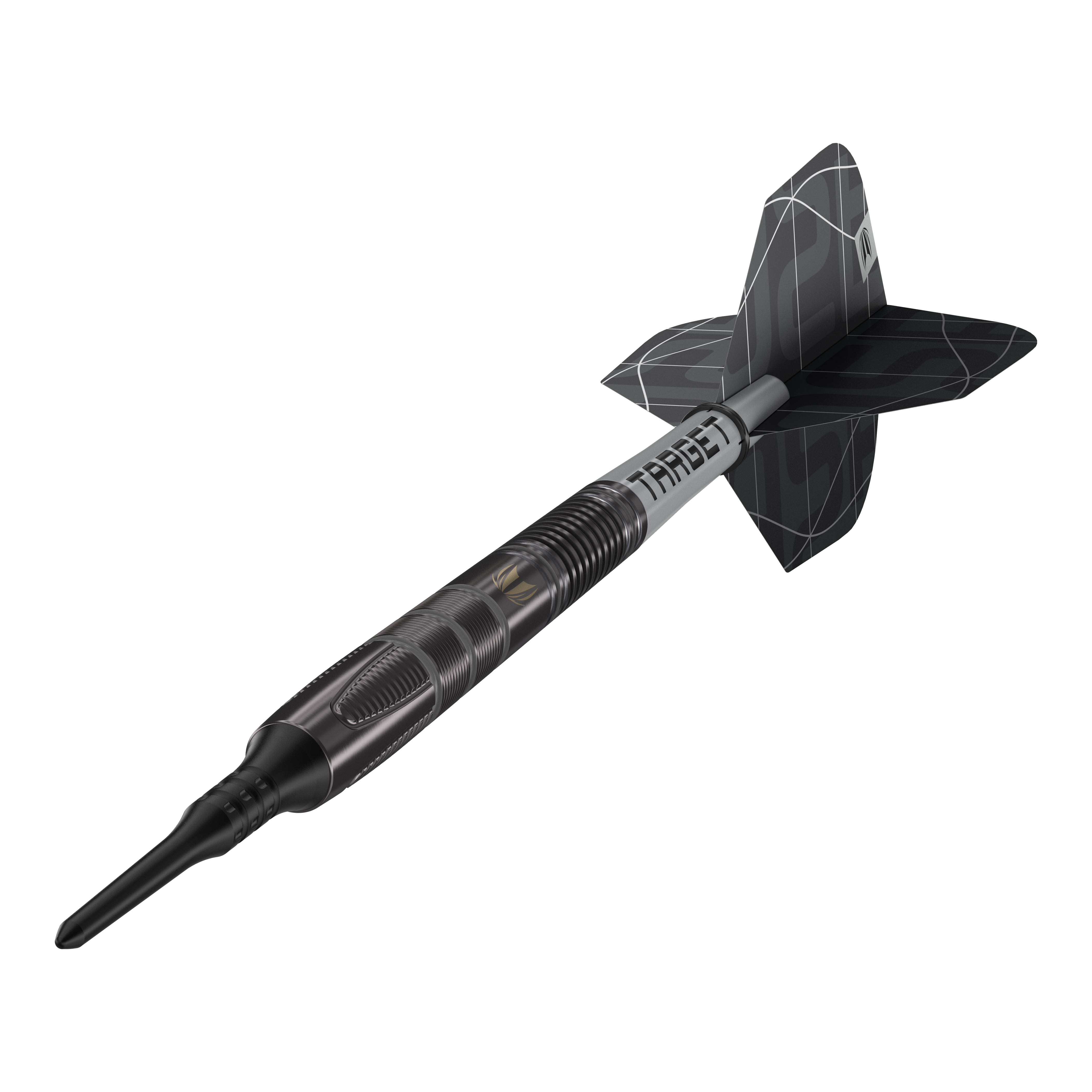 Dardos blandos Target Nathan Aspinall X Echo - 18 g Das Bild zeigt den Softdart „Target Nathan Aspinall X Echo“ mit einem Gewicht von 18 Gramm. Der Dartpfeil ist schwarz und hat ein modernes, geriffeltes Design mit der Aufschrift "TARGET" auf dem Schaft.