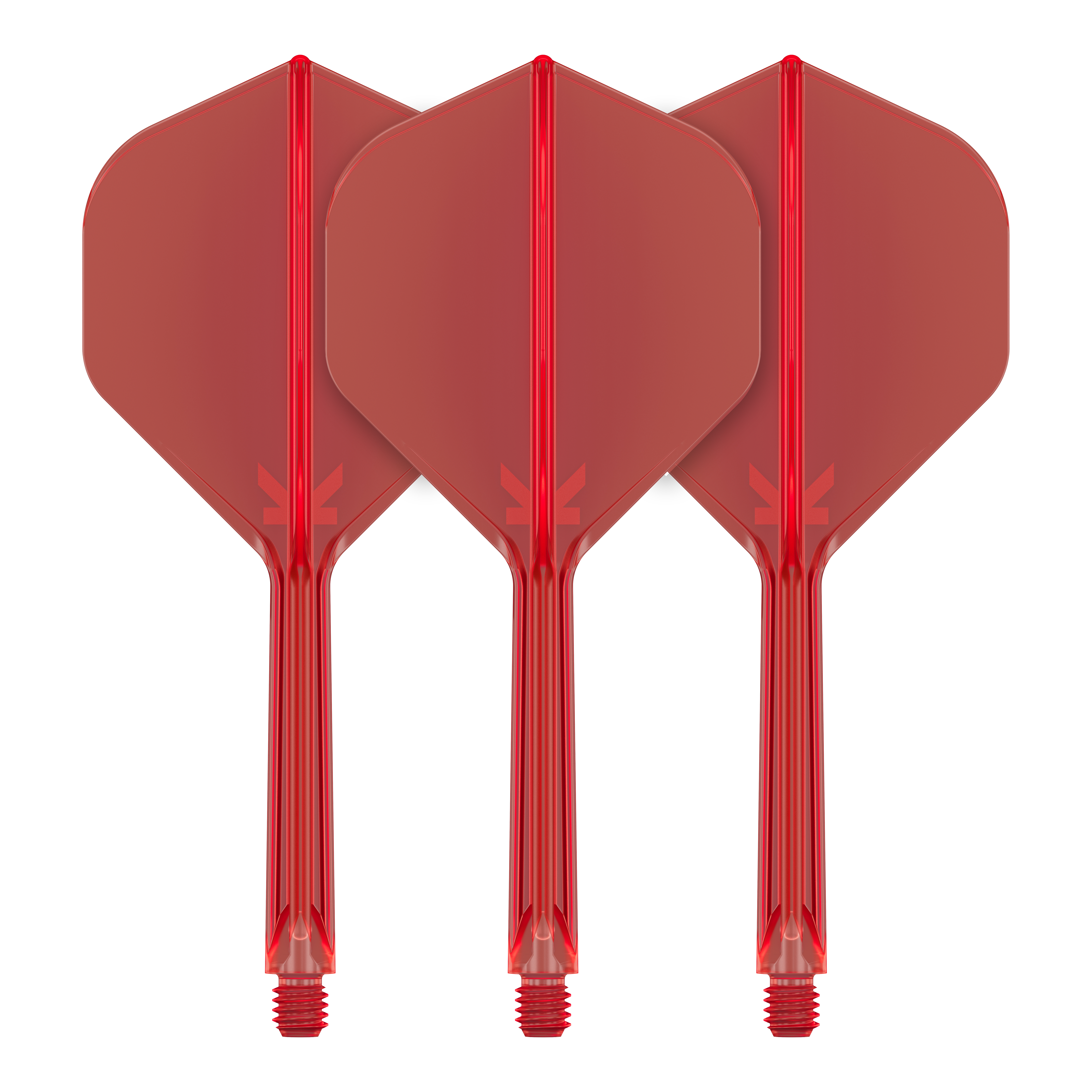 Sistema de vuelo estándar Target K-Flex No2 - Rojo Auf dem Bild sind drei rote Dartflights mit Schäften zu sehen. Sie sind nebeneinander ausgerichtet und haben eine standardmäßige Pfeilform.