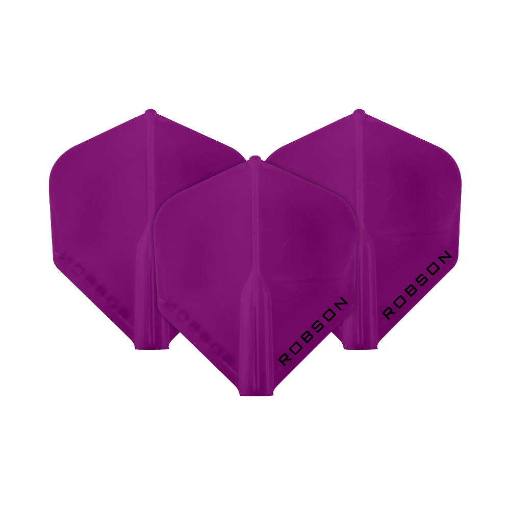 Plumas Robson Plus - Estándar Das Bild zeigt drei violette Dartflights der Marke Robson. Auf jedem Flight steht das Wort "ROBSON" in schwarzer Schrift.
