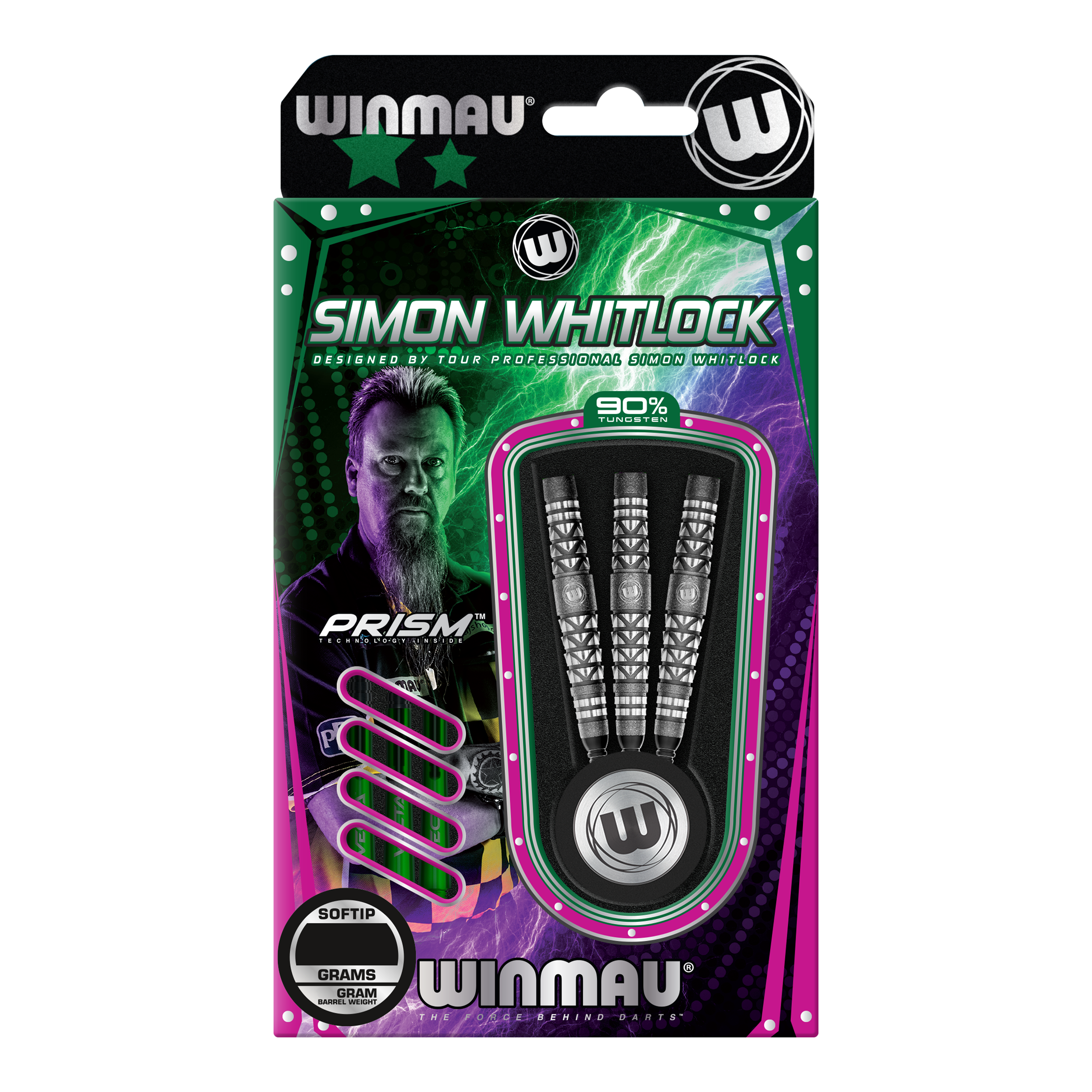 Dardos suaves con agarre atomizado Winmau Simon Whitlock Das Bild zeigt eine Verpackung der "Winmau Simon Whitlock Atomised Grip Softdarts". Drei Darts mit speziellem Griffdesign sind in einer auffälligen, bunten Box zu sehen.