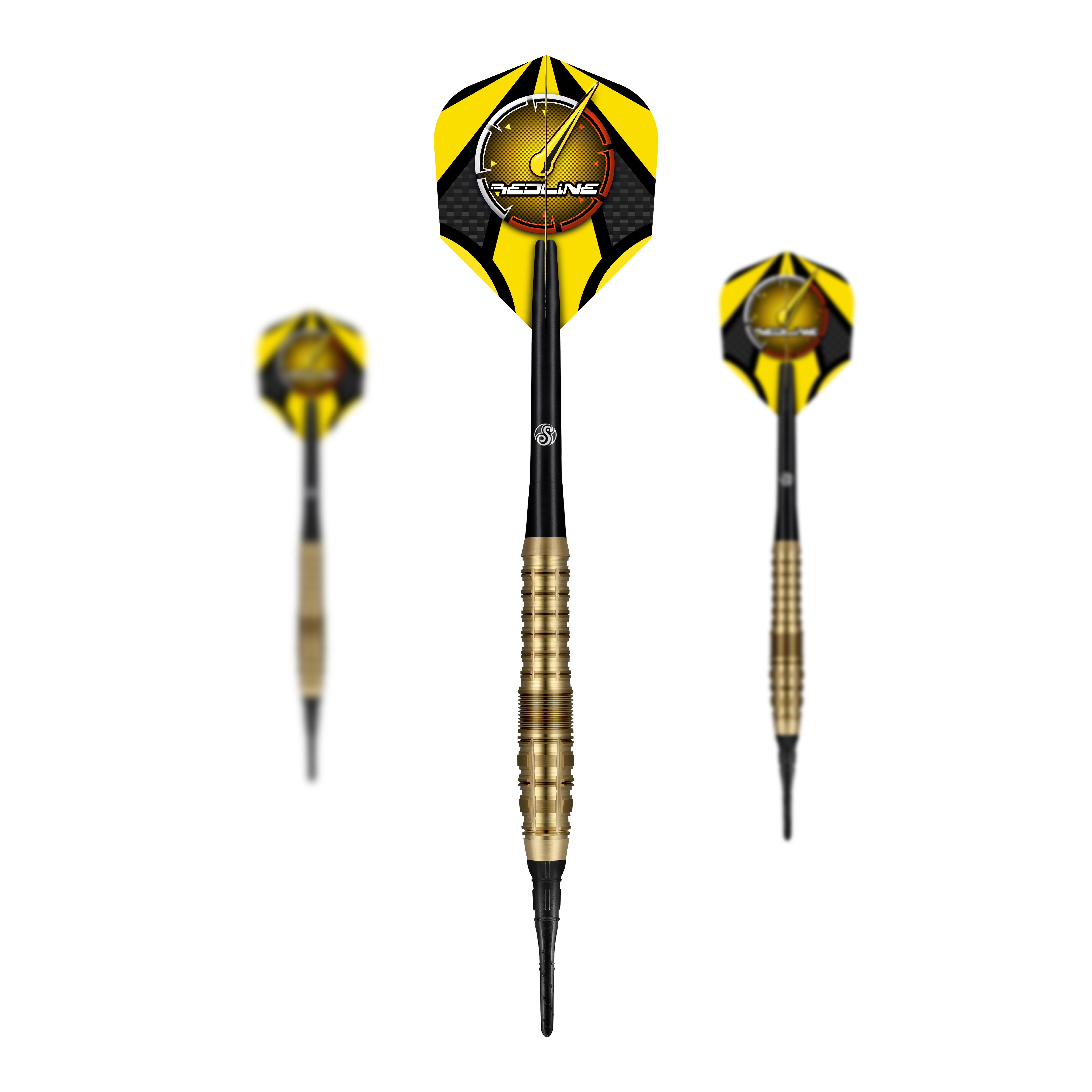 Dardos suaves Shot Redline Gizmo - 20 g Das Bild zeigt drei Softdarts des Produkts "Shot Redline Gizmo Softdarts - 20g". Die Darts haben gelb-schwarze Flights und einen gerillten, goldfarbenen Schaft.