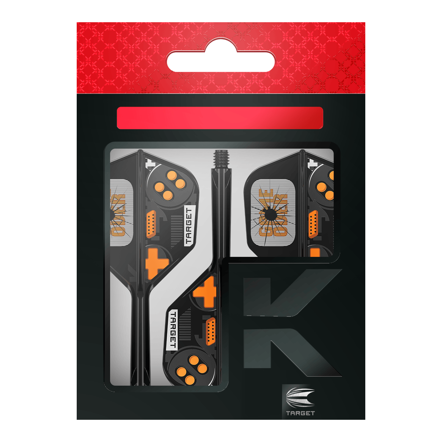 Target K-Flex Juego Terminado No6 Vuelos Hier sieht man die Target K-Flex Game Over No6 Flights. Es handelt sich um Dart-Flights mit auffälligem Muster.