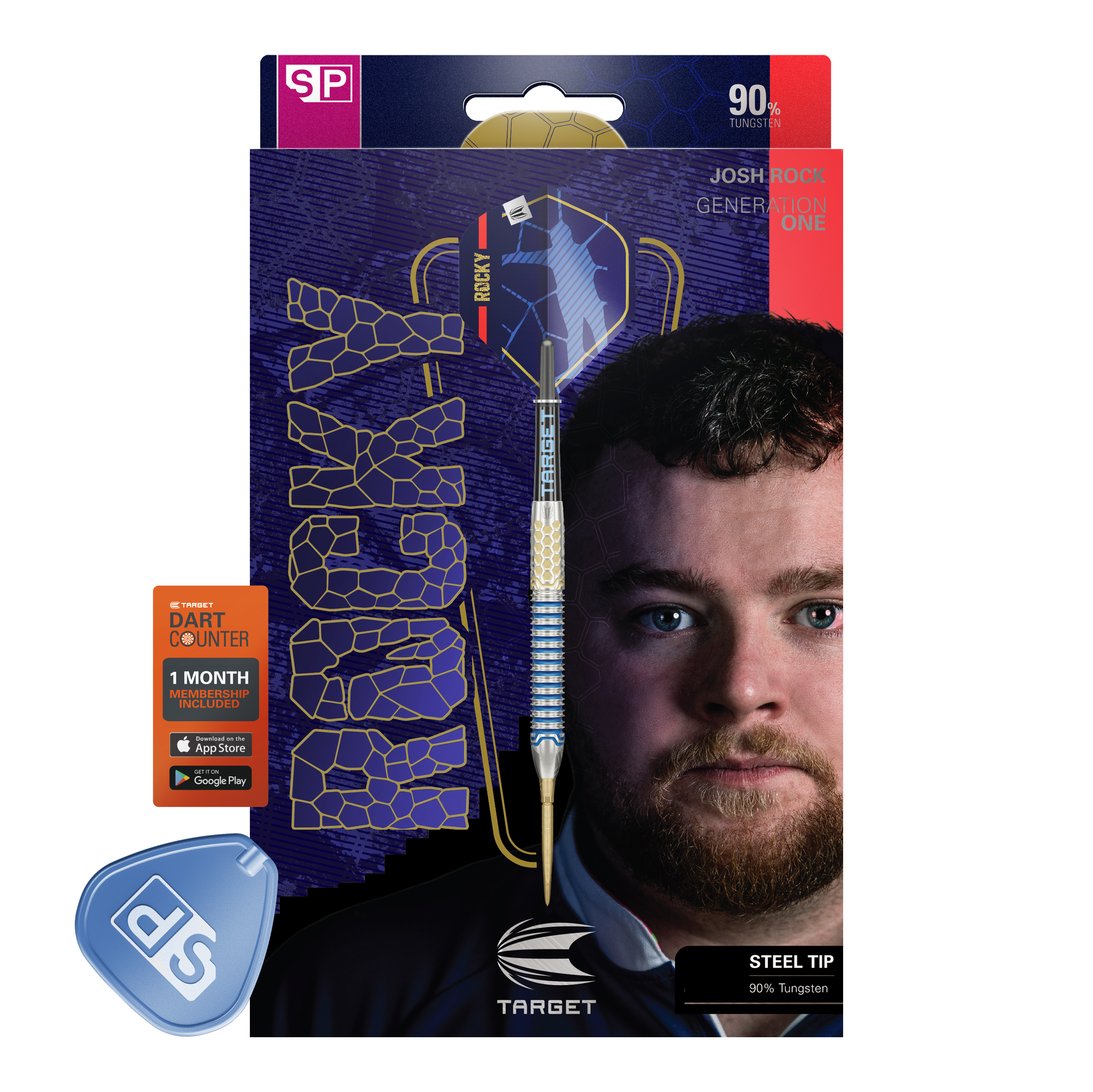 Dardos de acero Target Josh Rock GEN1 Swiss Point Das Bild zeigt die Verpackung der "Target Josh Rock GEN1 Swiss Point Steeldarts". Auf der Verpackung ist ein Dart, der Name des Produkts und das Gesicht eines Mannes abgebildet.