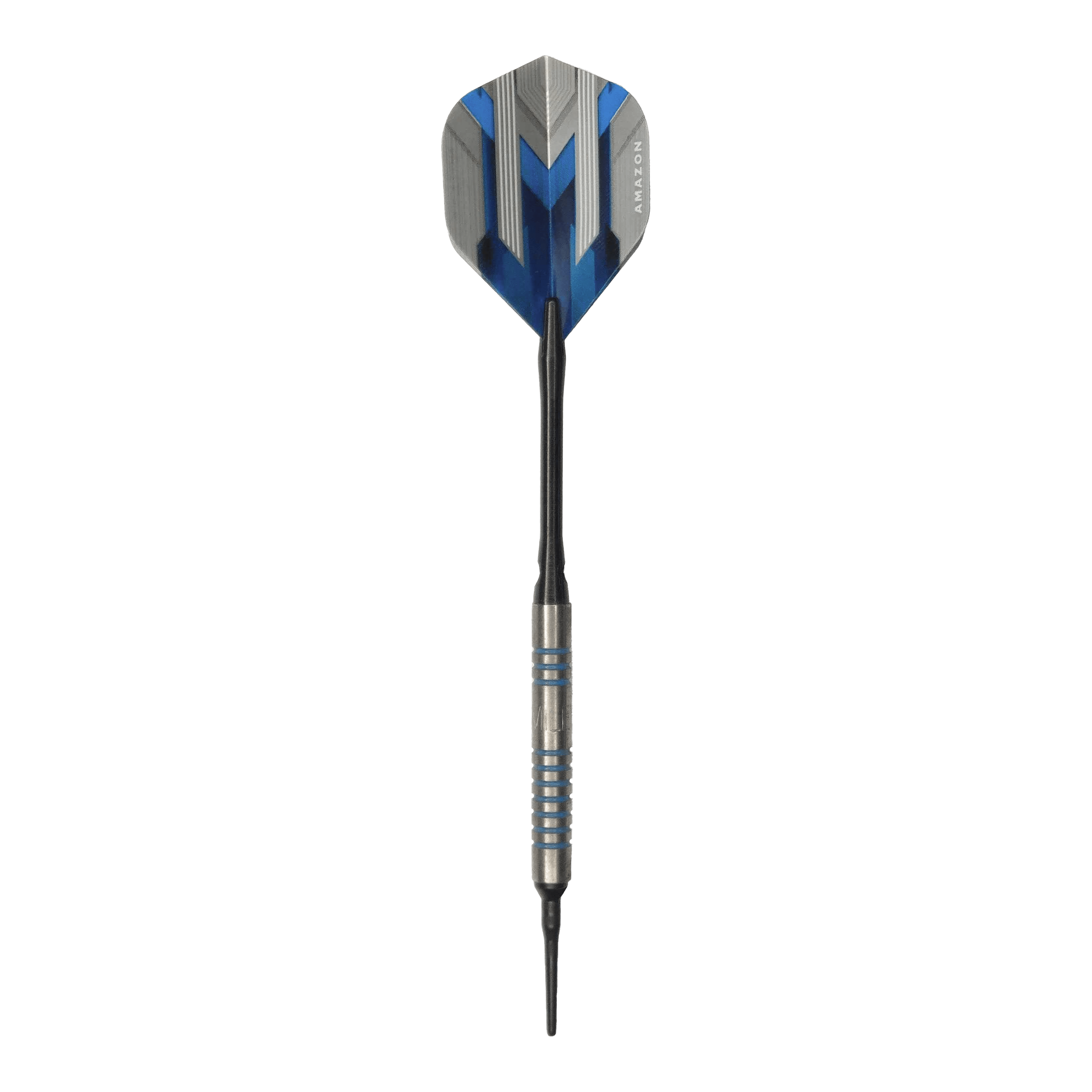 Dardos blandos McDart 85 Tungsten V1 - 17 g Dies ist ein McDart 85er Tungsten V1 Softdart mit einem Gewicht von 17g. Der Dart hat blaue und silberne Akzente und eine schwarze Spitze.