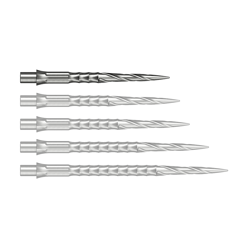 Puntas de dardos de acero Caliburn System - Spiro - NoLip - plateadas Das Bild zeigt wahrscheinlich eine 28 mm lange Steeldartspitze aus Silber. Die Spitze ist Teil des Caliburn Evo Systems und trägt die Bezeichnung Spiro NoLip.