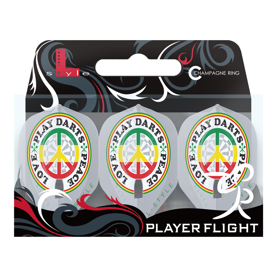 Vuelos L-Style Deta Hedman V4 Blanco Transparente L1PRO Das Bild zeigt die L-Style Deta Hedman V4 Clear White L1PRO Flights für Dartpfeile in einer Verpackung. Auf den Flights ist ein buntes Friedenszeichen mit den Worten "PLAY DARTS * PEACE * LOVE" abgebildet.