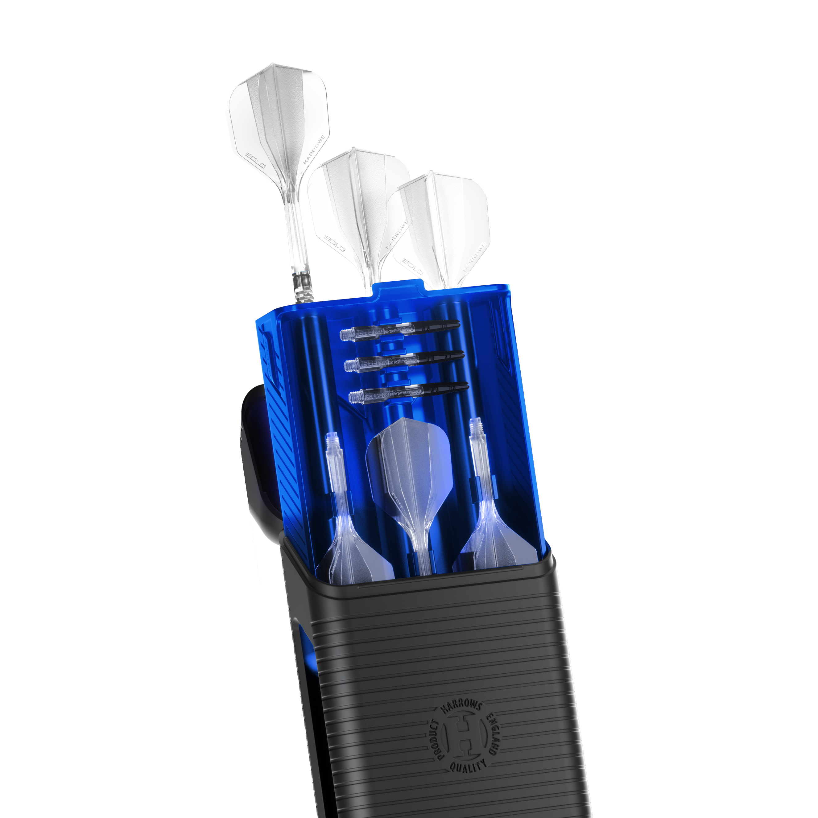 Estuche para dardos Harrows Vault Eine blaue Darttasche namens Harrows Vault ist abgebildet. Die Tasche ist geschlossen und wird von oben gezeigt.