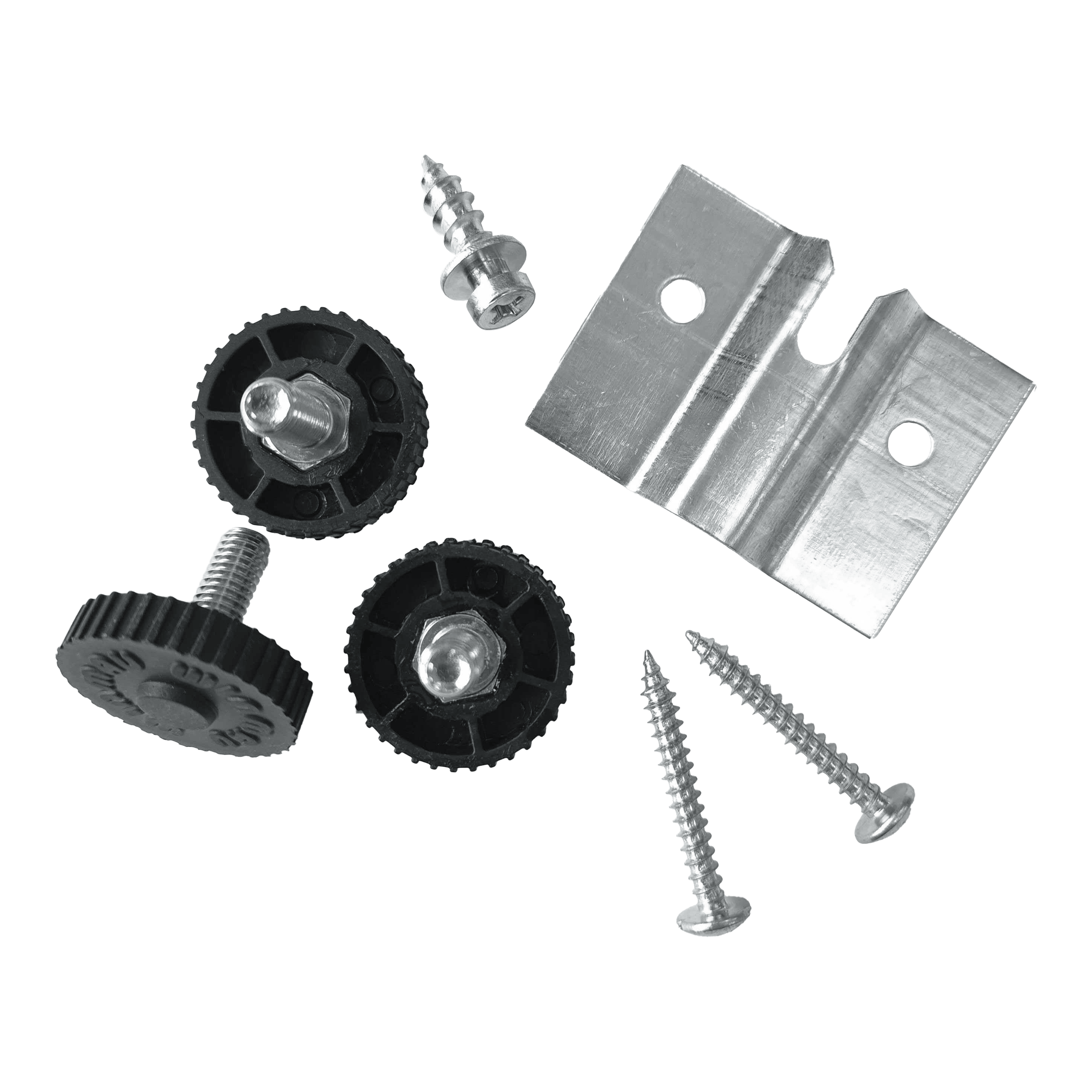 Soporte de pared Winmau Rota-Lock Blade 6 Das Bild zeigt das Winmau Rota-Lock Blade 6 Wandhalterungs-Set mit Schrauben, Kunststoffrädern und einer Metallhalterung. Es sind alle benötigten Teile zur Befestigung eines Dartboards an der Wand abgebildet.
