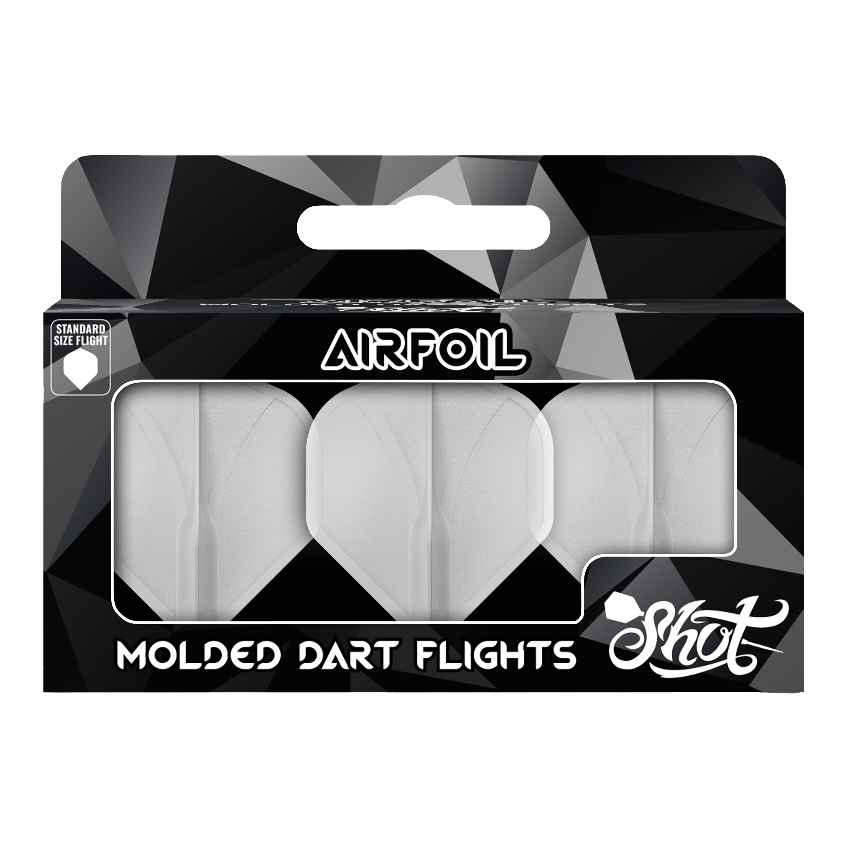 Perfil aerodinámico moldeado No2 Vuelos estándar Auf dem Bild ist eine Packung mit geformten Dart-Flights der Marke Shot zu sehen. Die Flights sind durchsichtig und in einer schwarzen Verpackung mit der Aufschrift "Airfoil" präsentiert.