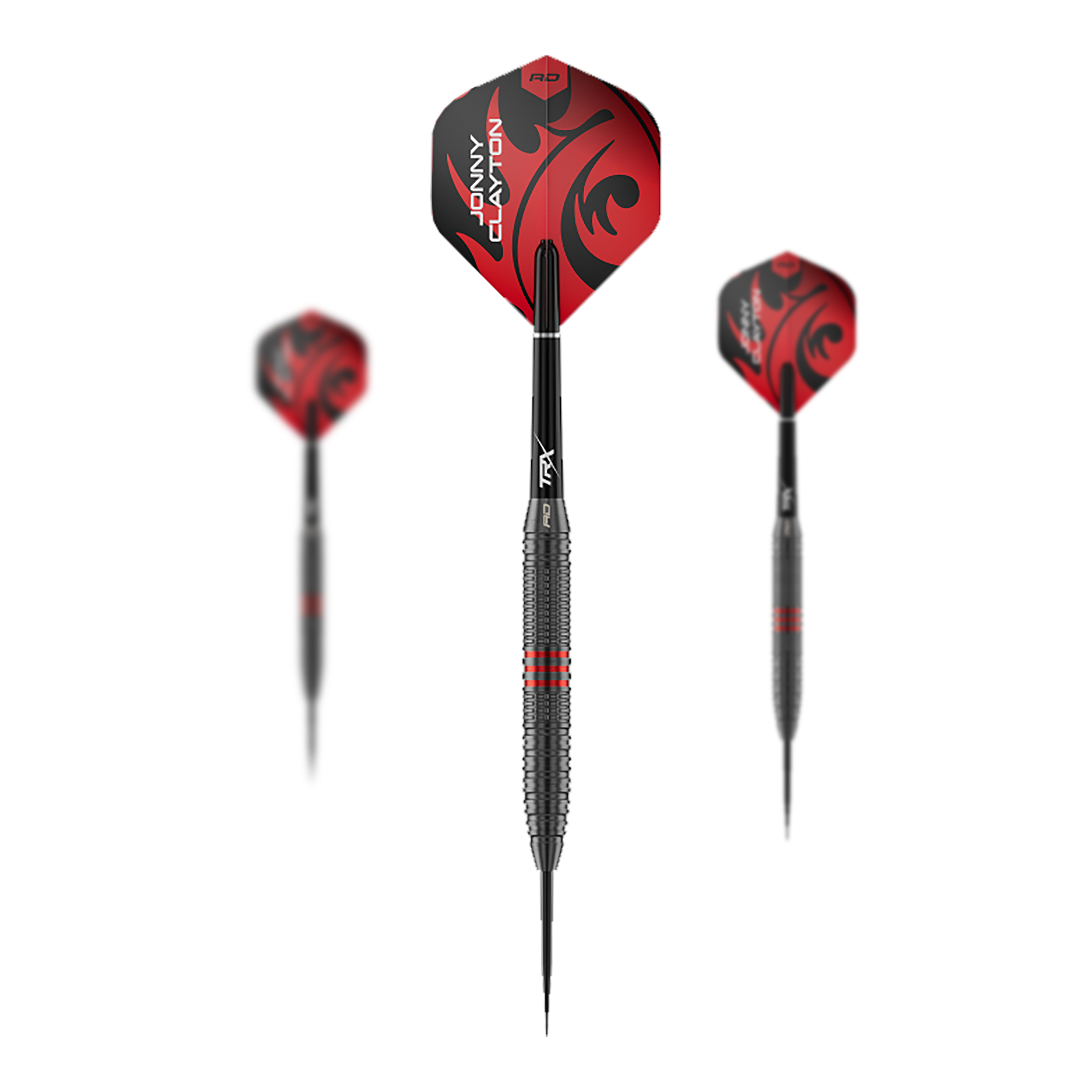 Dardos de acero Red Dragon Jonny Clayton Core Brass - 21 g Das Bild zeigt ein Set der Red Dragon Jonny Clayton Core Brass Steeldarts mit 21g Gewicht. Es sind drei Darts mit goldener Griffzone und roten Flights dargestellt.