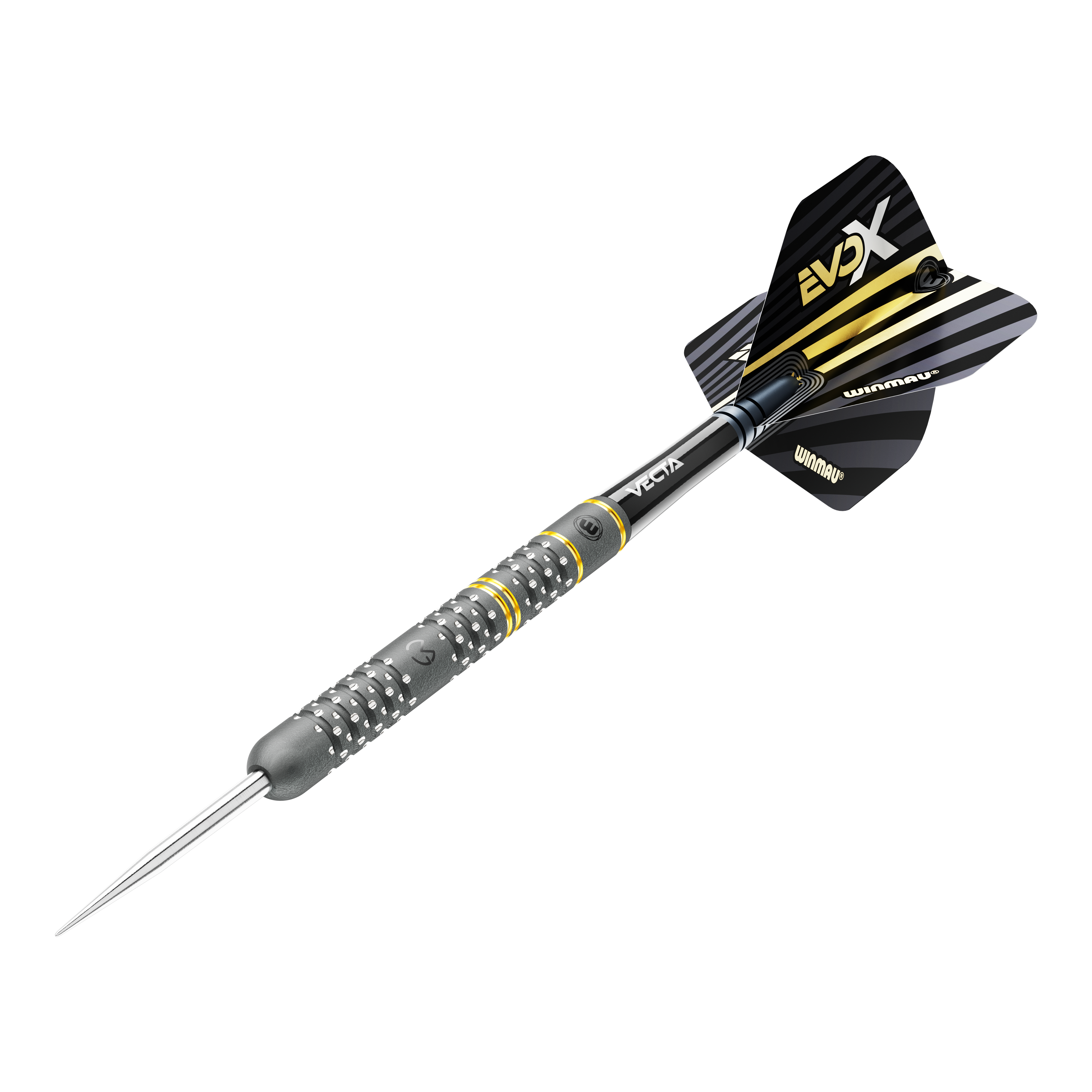 Dardos de acero Winmau Michael Van Gerwen Evo-X Das Bild zeigt einen Winmau Michael Van Gerwen Evo-X Steeldart. Der Dart hat ein schwarzes und gelbes Design mit metallischer Spitze und strukturierter Griffzone.
