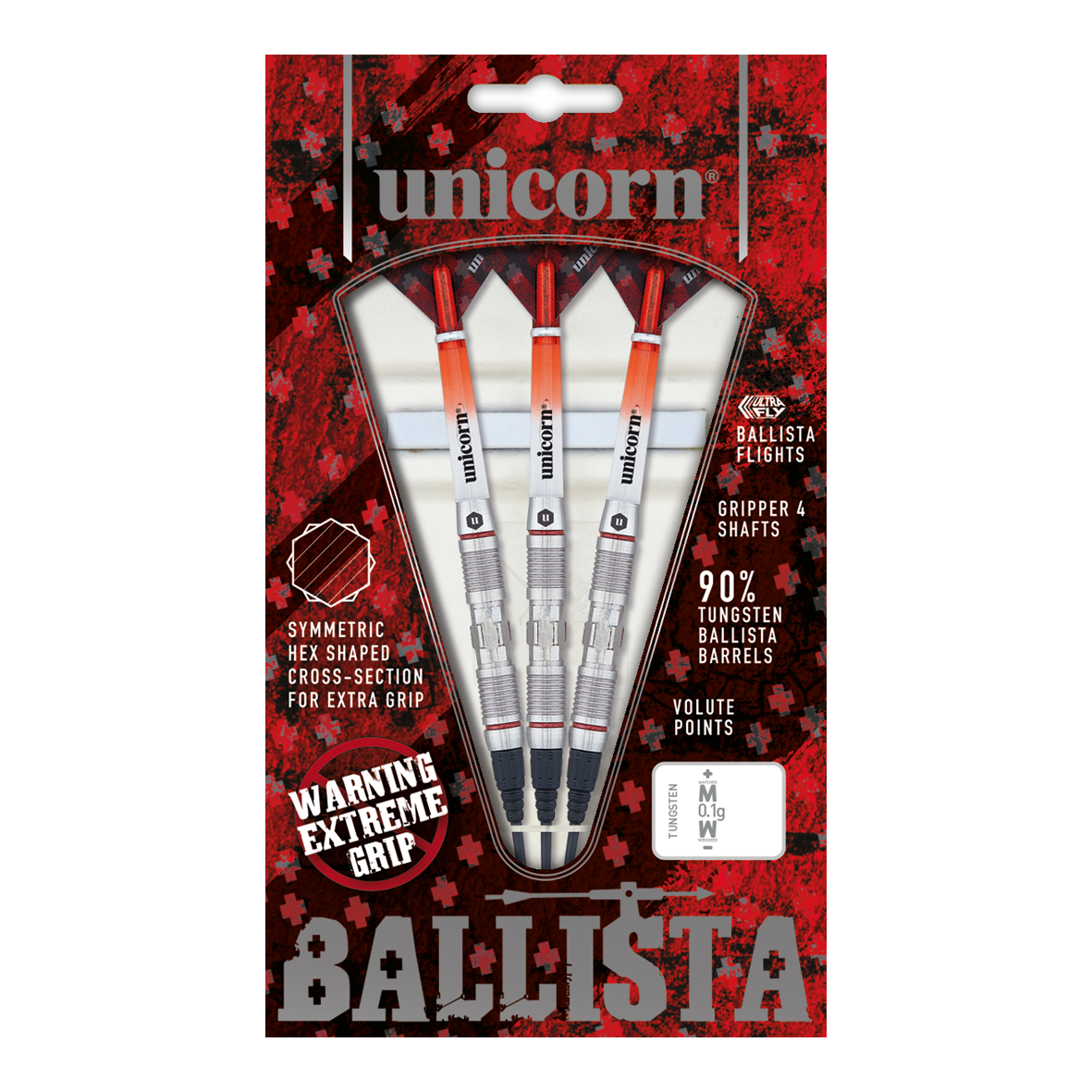 Dardos suaves Unicorn Ballista Style 2 Das Bild zeigt eine Packung „Unicorn Ballista Style 2 Softdarts“. In der Packung befinden sich drei Softdarts mit silbernen und orangenen Details.