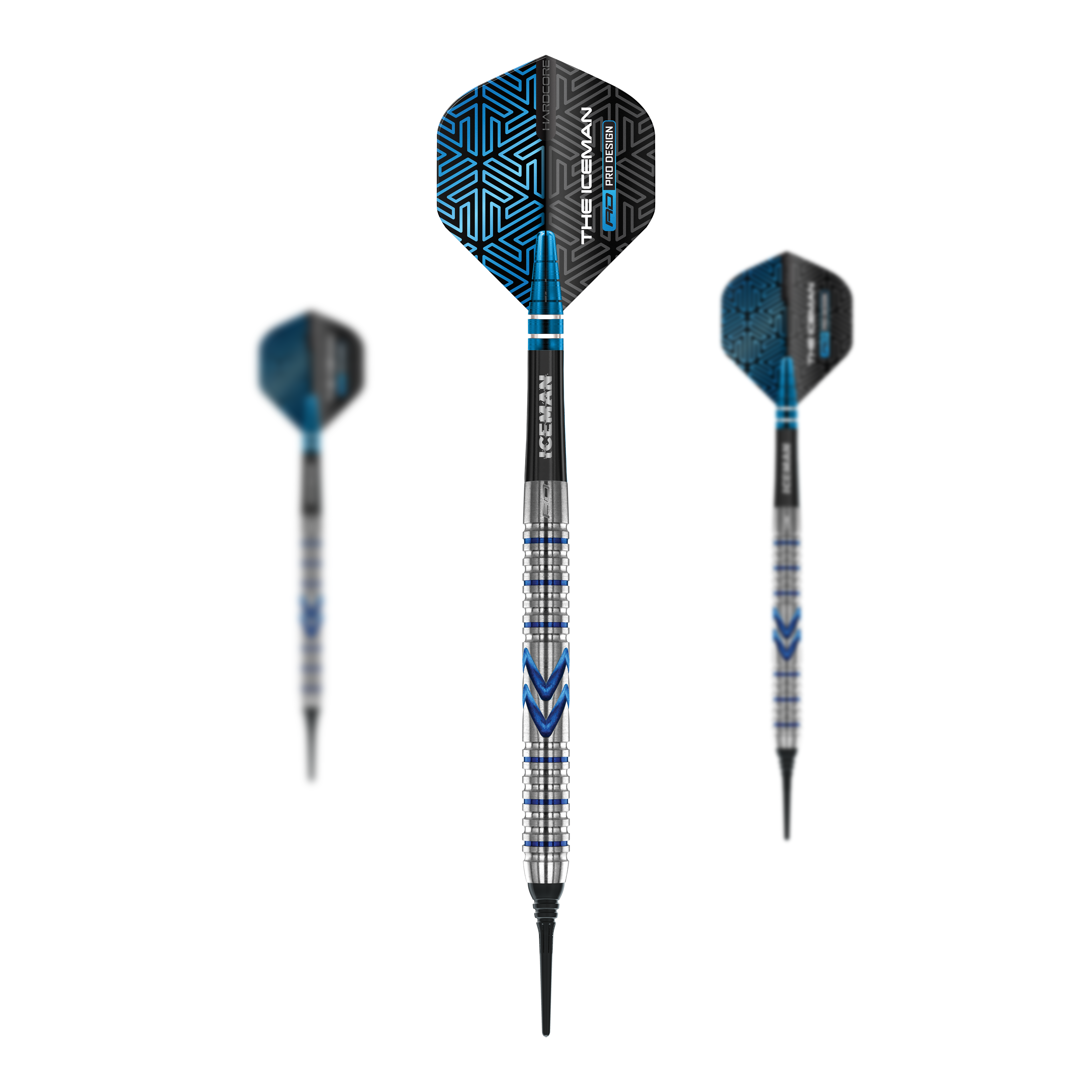 Dardos blandos Red Dragon Gerwyn Price Iceman Midnight Edition - 20 g Das Bild zeigt drei Softdarts des Modells "Red Dragon Gerwyn Price Iceman Midnight Edition" mit 20g Gewicht. Die Darts sind silber, blau und schwarz und haben ein auffälliges, modernes Design.