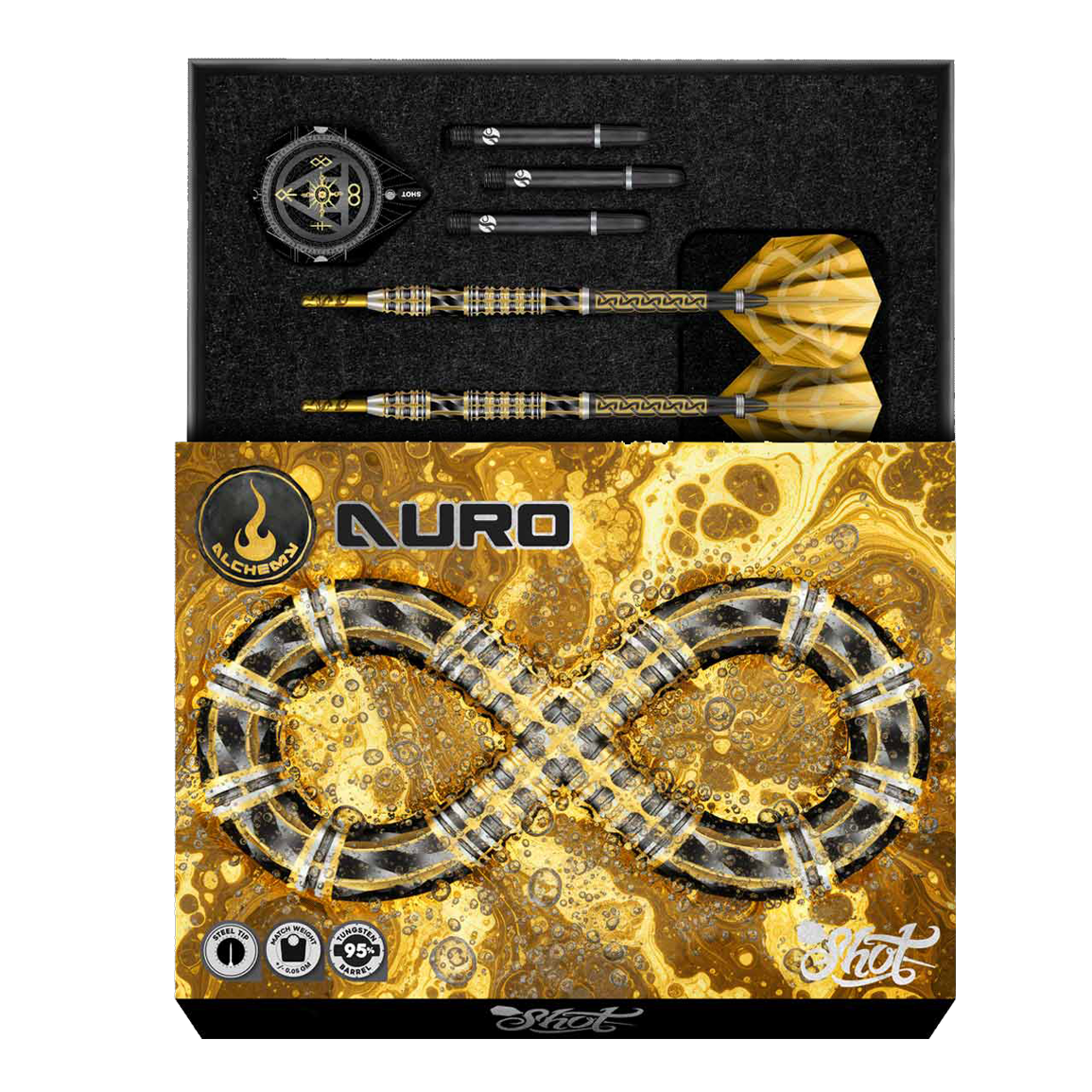 Dardos blandos Shot Alchemy Auro - 20 g Hier sieht man die Shot Alchemy Auro Softdarts mit 20g Gewicht. Es handelt sich um hochwertige Softdarts für präzises Spielen.