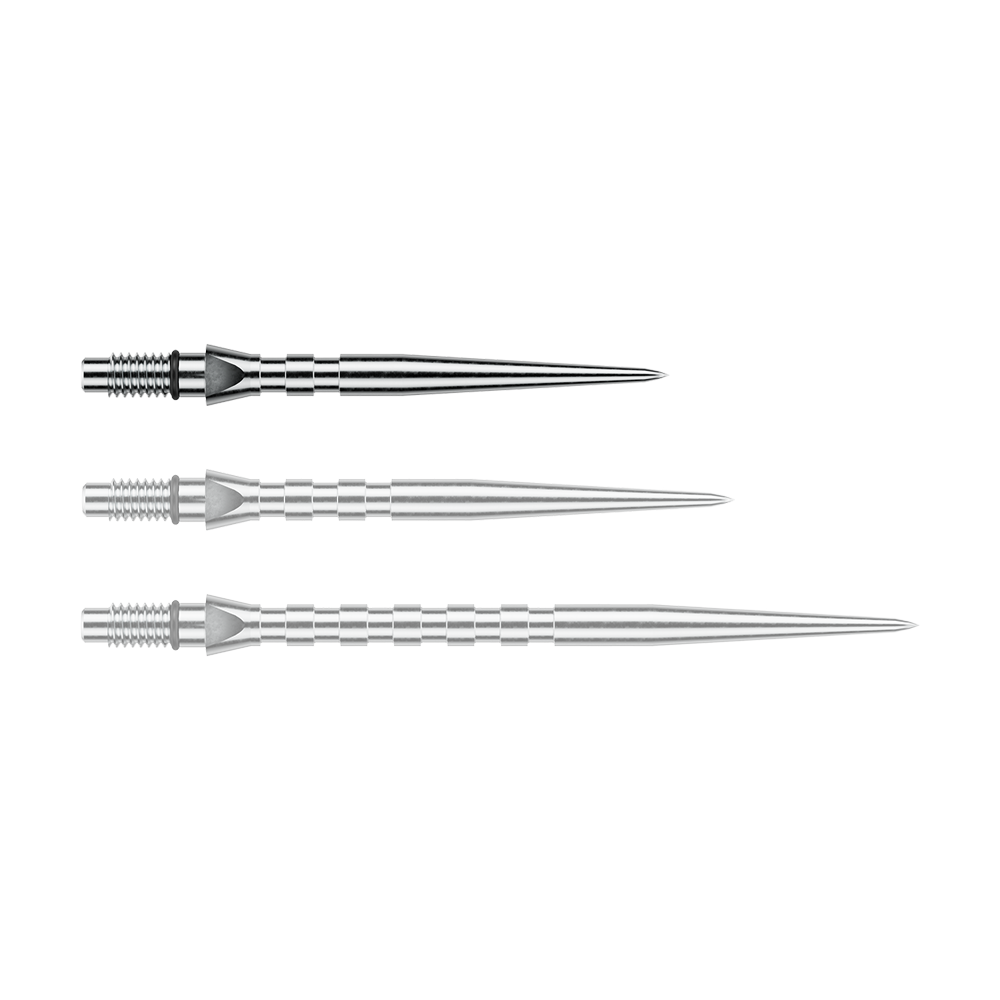 Abgebildet ist eine einzelne silberne Steeldartspitze mit Rillen, vermutlich vom Typ 'Switch Point Groove Silver Effect' und 26mm. Diese Spitze eignet sich für Steeldarts.