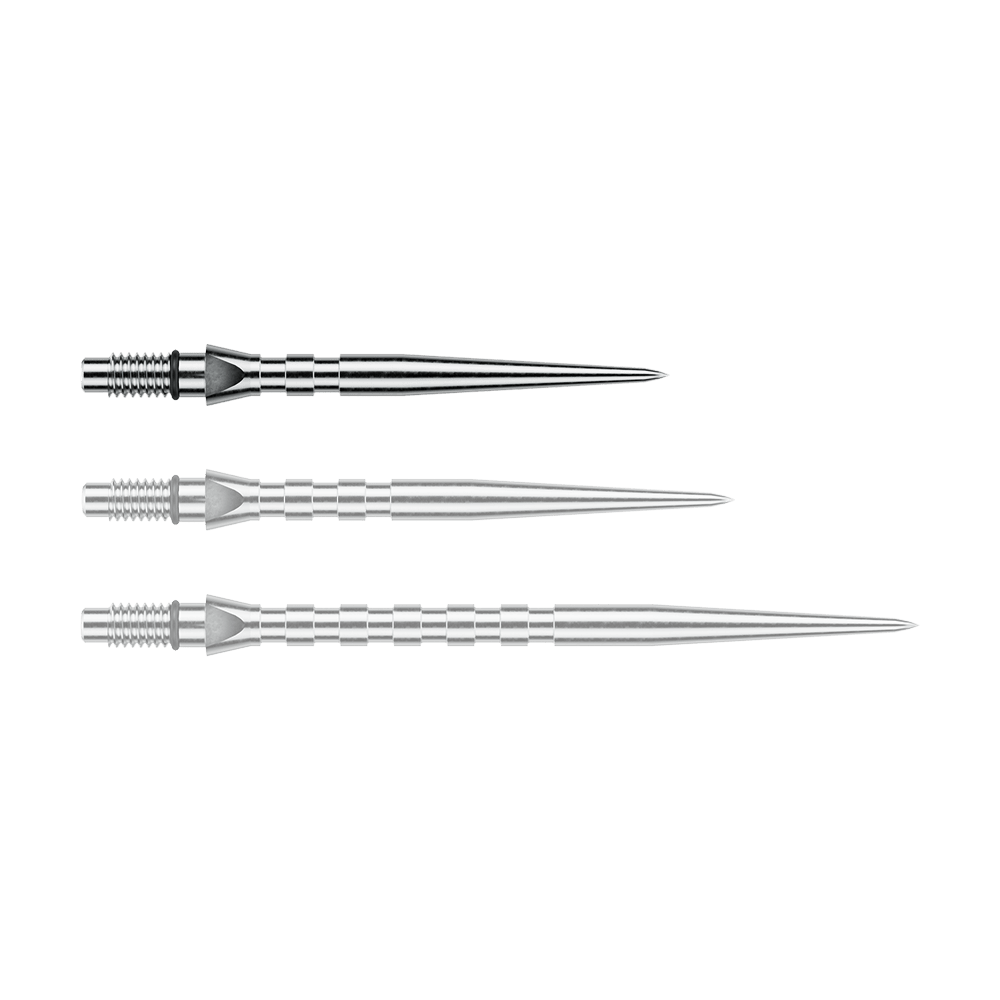 Puntas de dardos de acero Winmau Switch Point Groove - Efecto plateado Abgebildet ist eine einzelne silberne Steeldartspitze mit Rillen, vermutlich vom Typ 'Switch Point Groove Silver Effect' und 26mm. Diese Spitze eignet sich für Steeldarts.