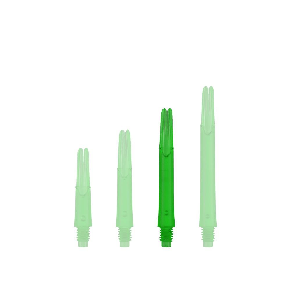 Ejes en L estilo L bloqueados rectos - Verde Auf dem Bild sind vier grüne, gerade Dartschäfte in unterschiedlichen Längen zu sehen. Sie stehen nebeneinander und sind ohne Kappen dargestellt.