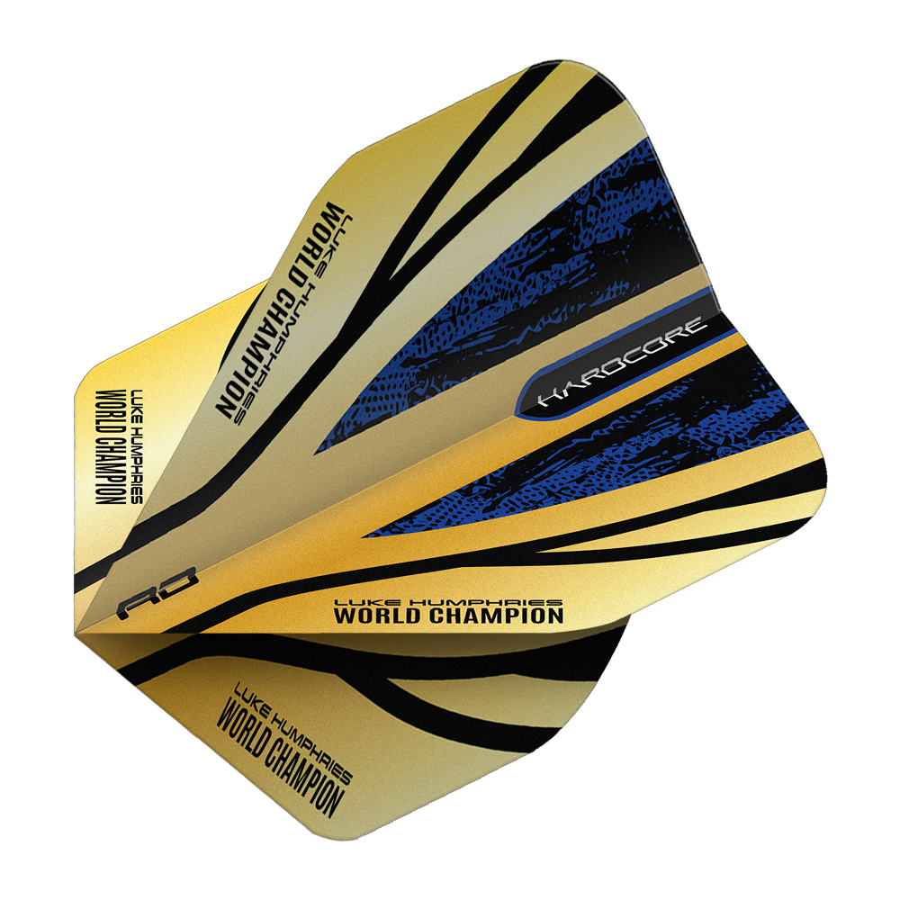 Vuelos Red Dragon Hardcore Premium Luke Humphries Gold Standard Das Bild zeigt das Produkt "Red Dragon Hardcore Premium Luke Humphries Gold Standard Flights". Die Dart-Flight ist goldfarben mit schwarzen und blauen Akzenten und trägt die Aufschrift "Luke Humphries World Champion".