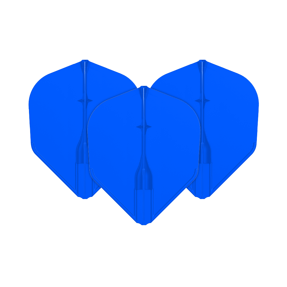 Vuelos L-L-Style3EZ Das Bild zeigt drei blaue Dartflights, die nebeneinander angeordnet sind. Sie haben eine klassische, leicht abgerundete Form.